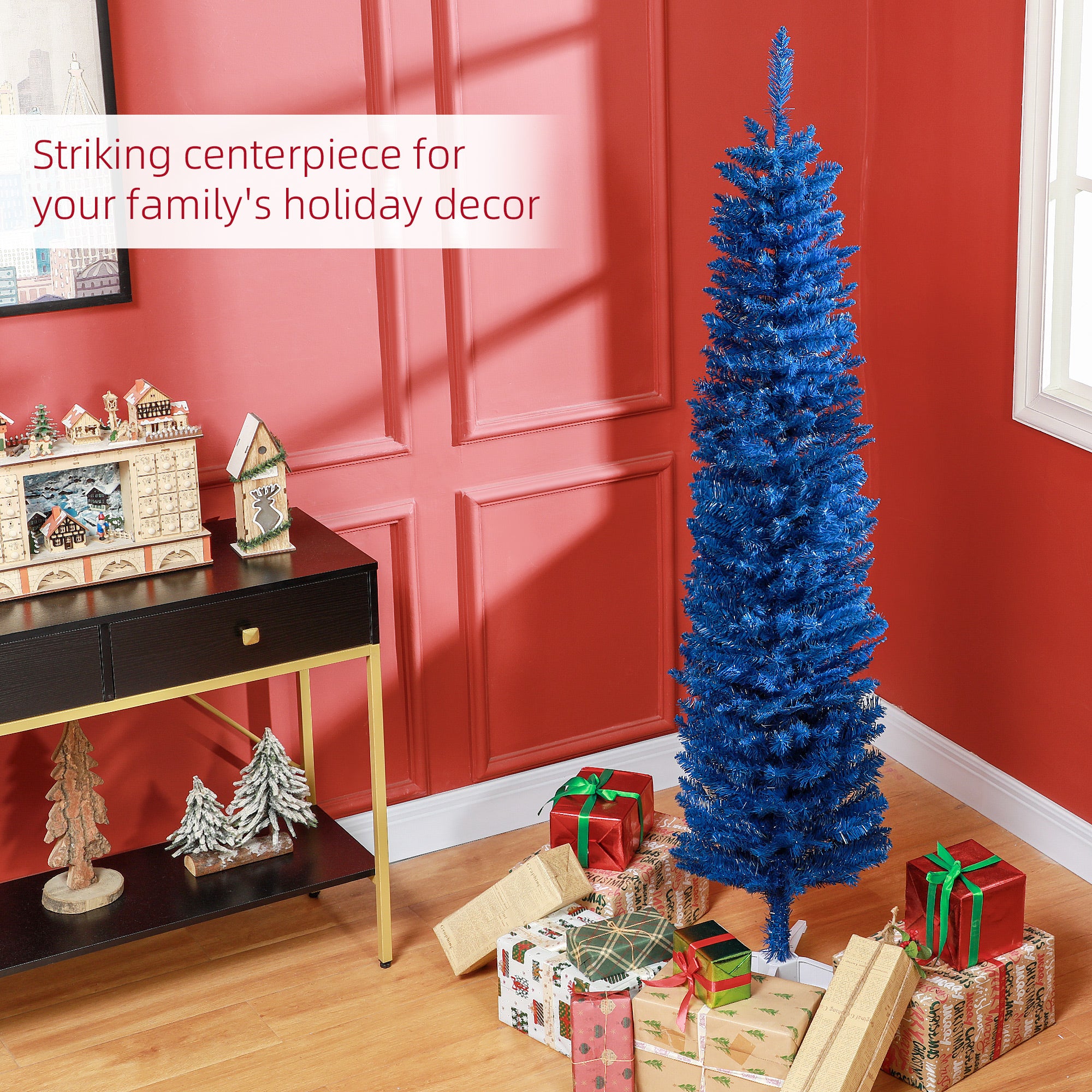 HOMCOM 7' Pencil Christmas Tree, Slim Artificial Xmas Tree with Realistic Branches, Sturdy Stand, Deep Blue