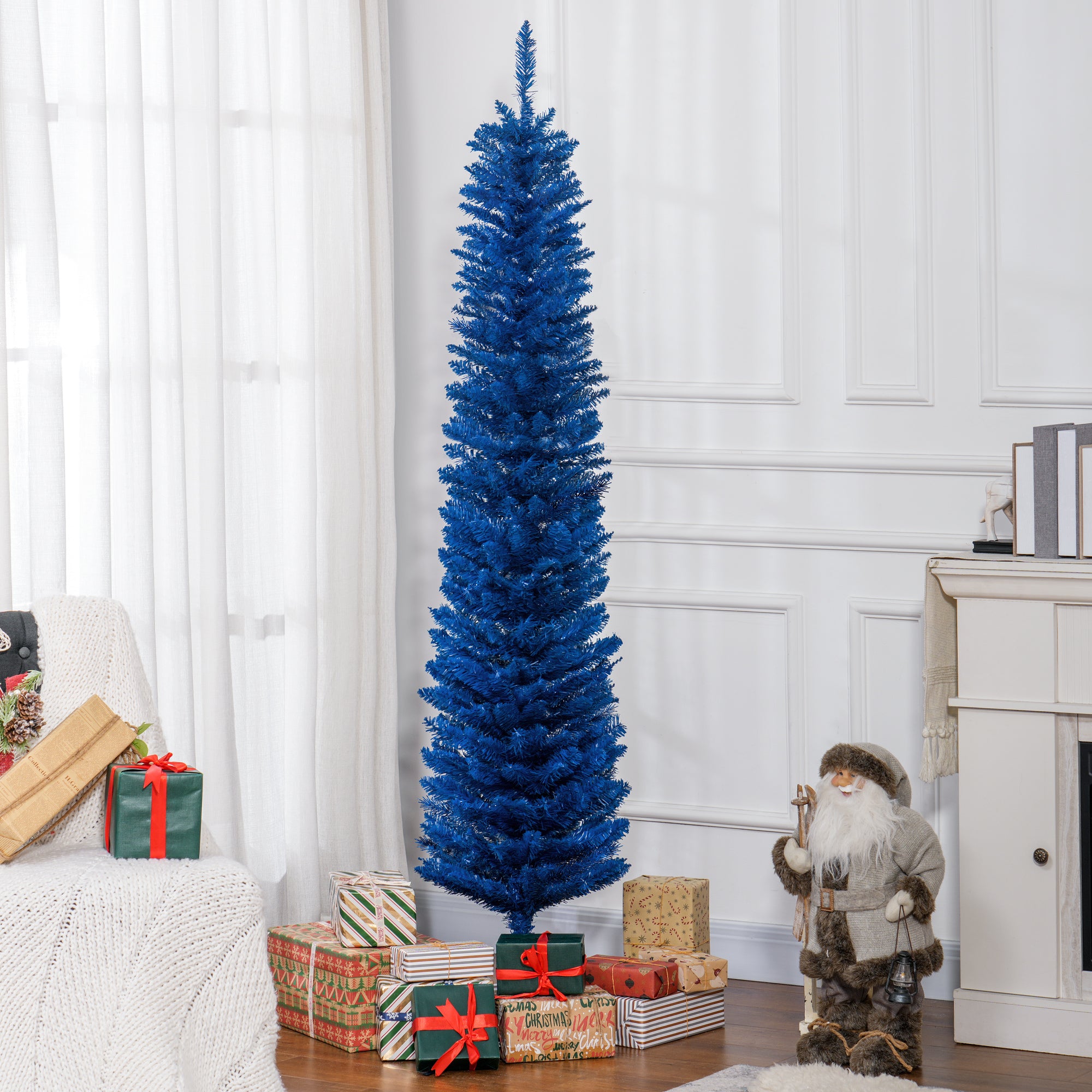 HOMCOM 7' Pencil Christmas Tree, Slim Artificial Xmas Tree with Realistic Branches, Sturdy Stand, Deep Blue