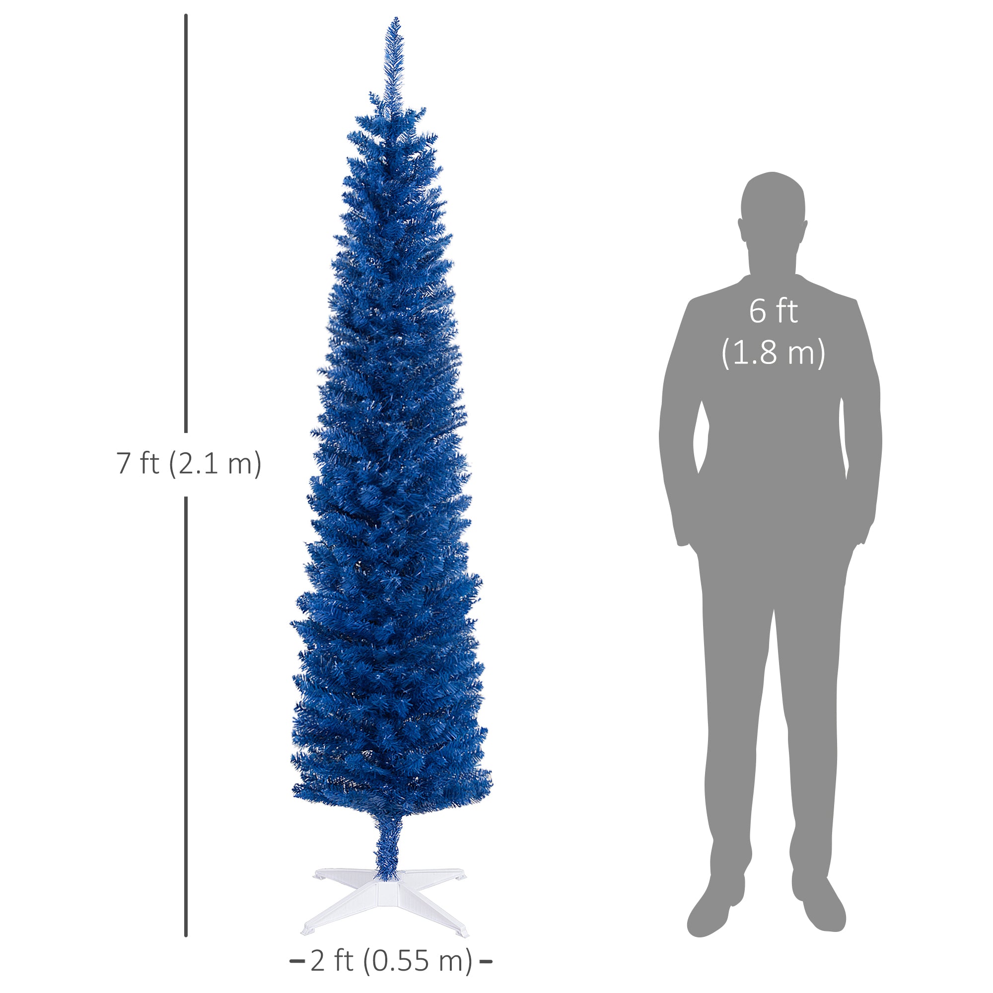 HOMCOM 7' Pencil Christmas Tree, Slim Artificial Xmas Tree with Realistic Branches, Sturdy Stand, Deep Blue