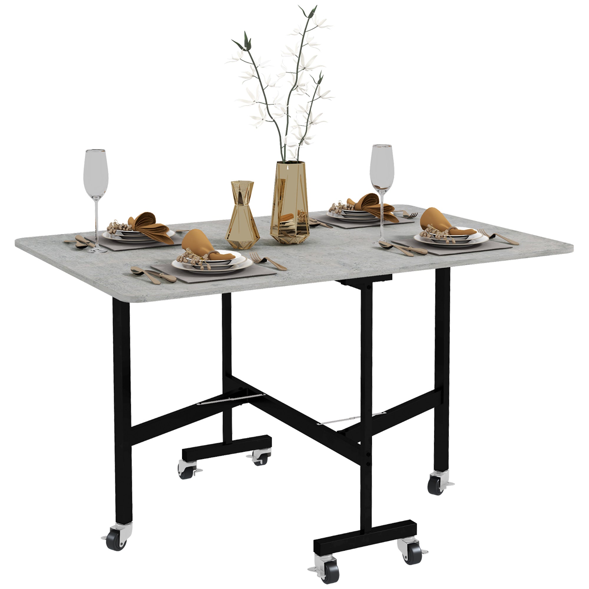 HOMCOM Mobile Drop Leaf Table, Folding Dining Table with 6 Wheels & Brakes, Kitchen Table for Small Spaces, Grey Marble Effect