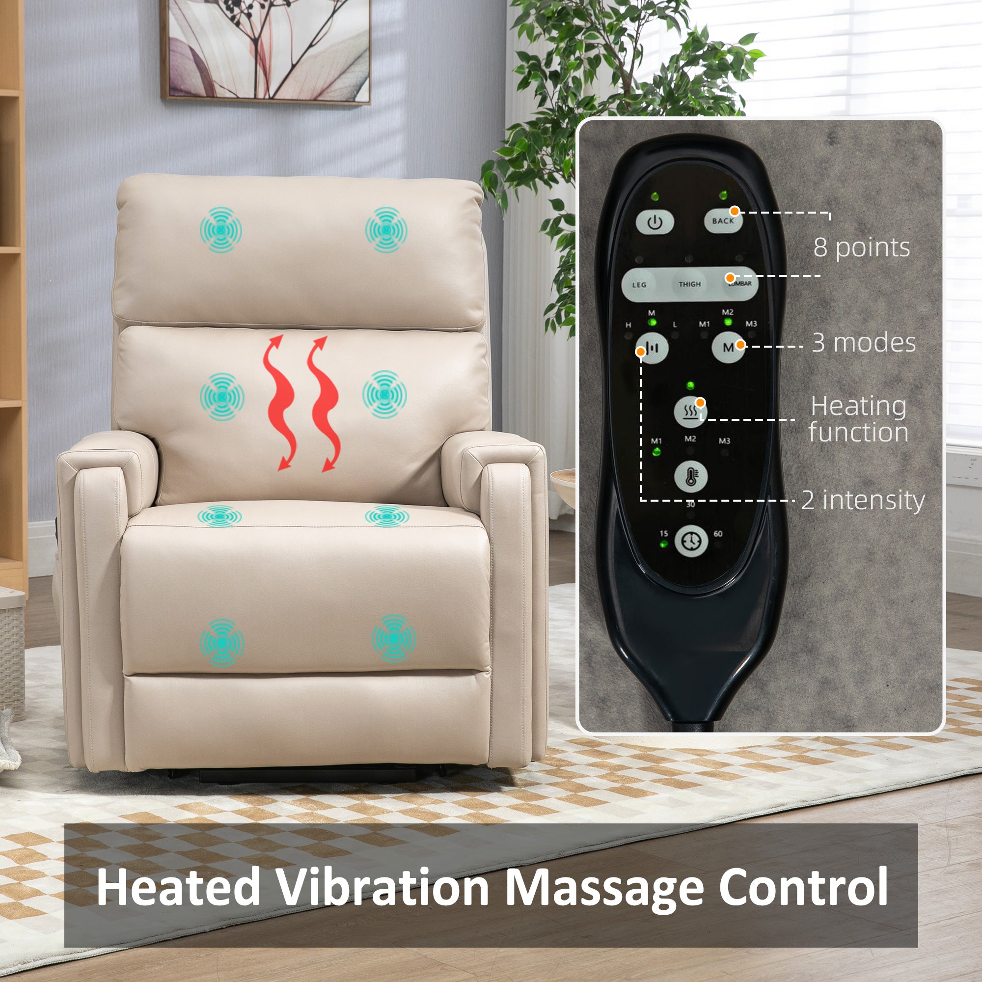 HOMCOM Riser and Recliner Chair for the Elderly, Electric Microfibre Upholstered Lift Chair with Vibration Massage and Heat, Quick Assembly, Remote Control, Cup Holders, Side Pockets, Beige