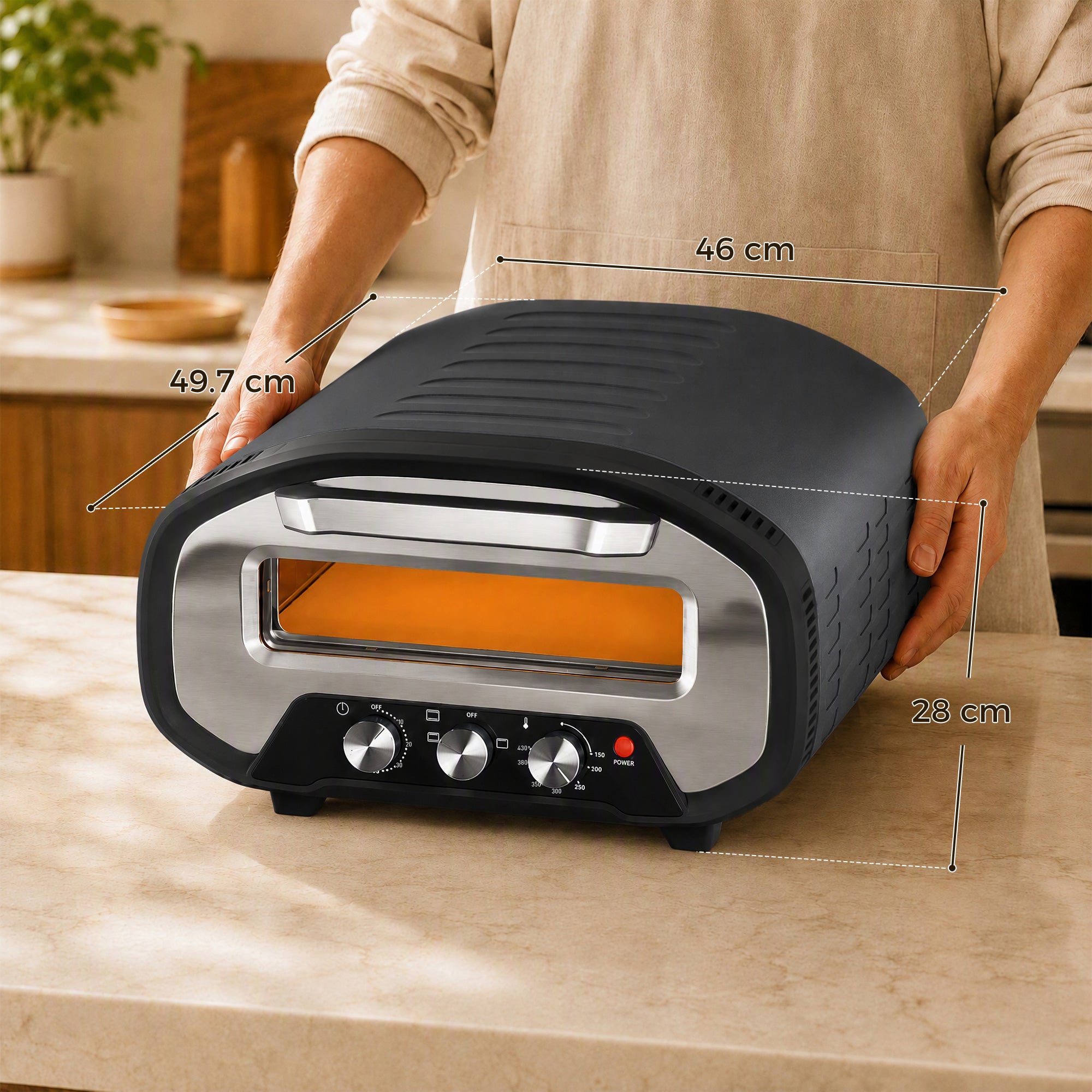 Pizza Oven Indoor, 12 Inch Electric Countertop Pizza Maker with 3 Knob Control, 430°C, 60-Min Timer, Ceramic Stone, Viewing Window, 2200W