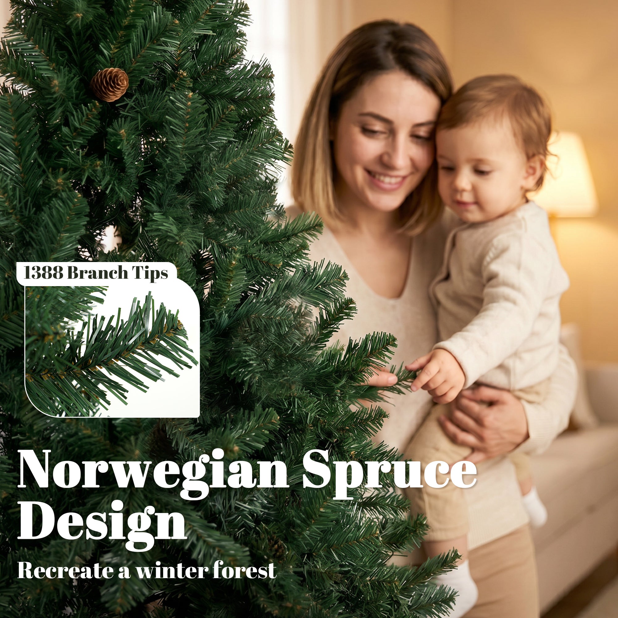 7.5ft Norwegian Spruce Artificial Christmas Tree with 1388 Branch Tips, Foldable Metal Stand, Quick-Assembly Hinged Design, Full Xmas Tree for Home Office Holiday Decor, Green