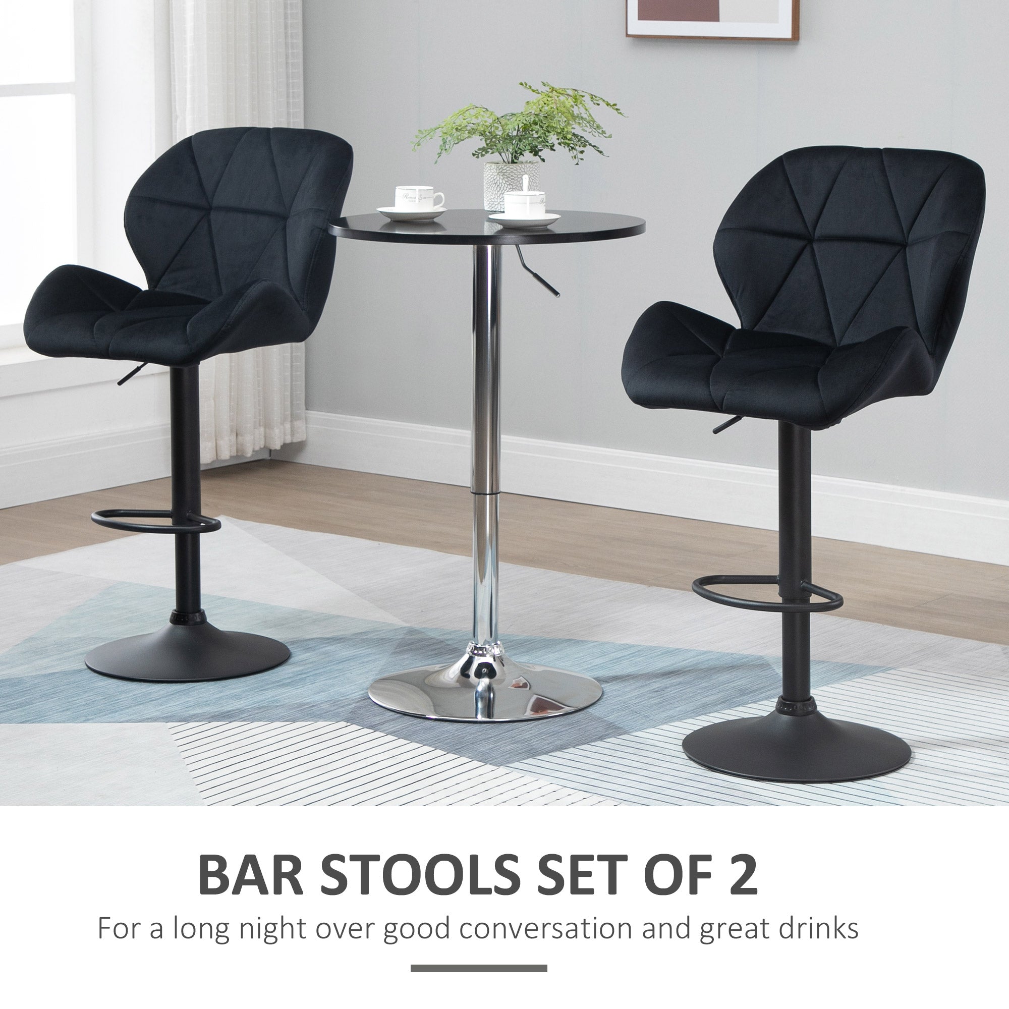 HOMCOM Adjustable Bar Stools Set of 2, Tufted Swivel Barstool with Back, Wide Seat and Footrest, Velvet Upholstered Bar Chairs for Kitchen, Dining Room, Black