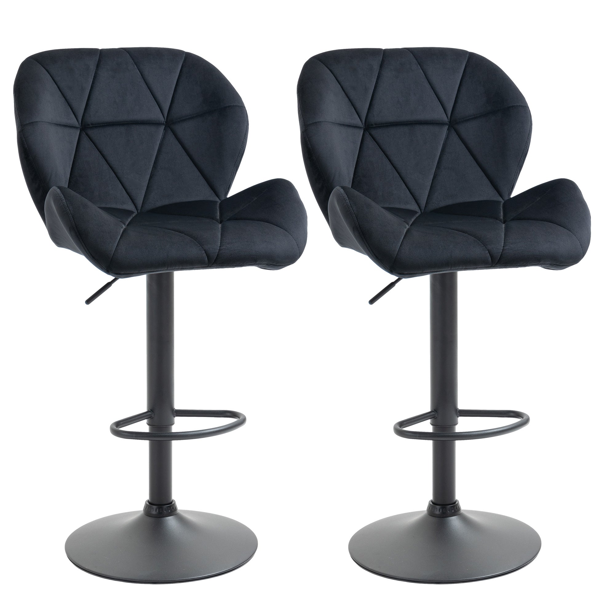 HOMCOM Adjustable Bar Stools Set of 2, Tufted Swivel Barstool with Back, Wide Seat and Footrest, Velvet Upholstered Bar Chairs for Kitchen, Dining Room, Black