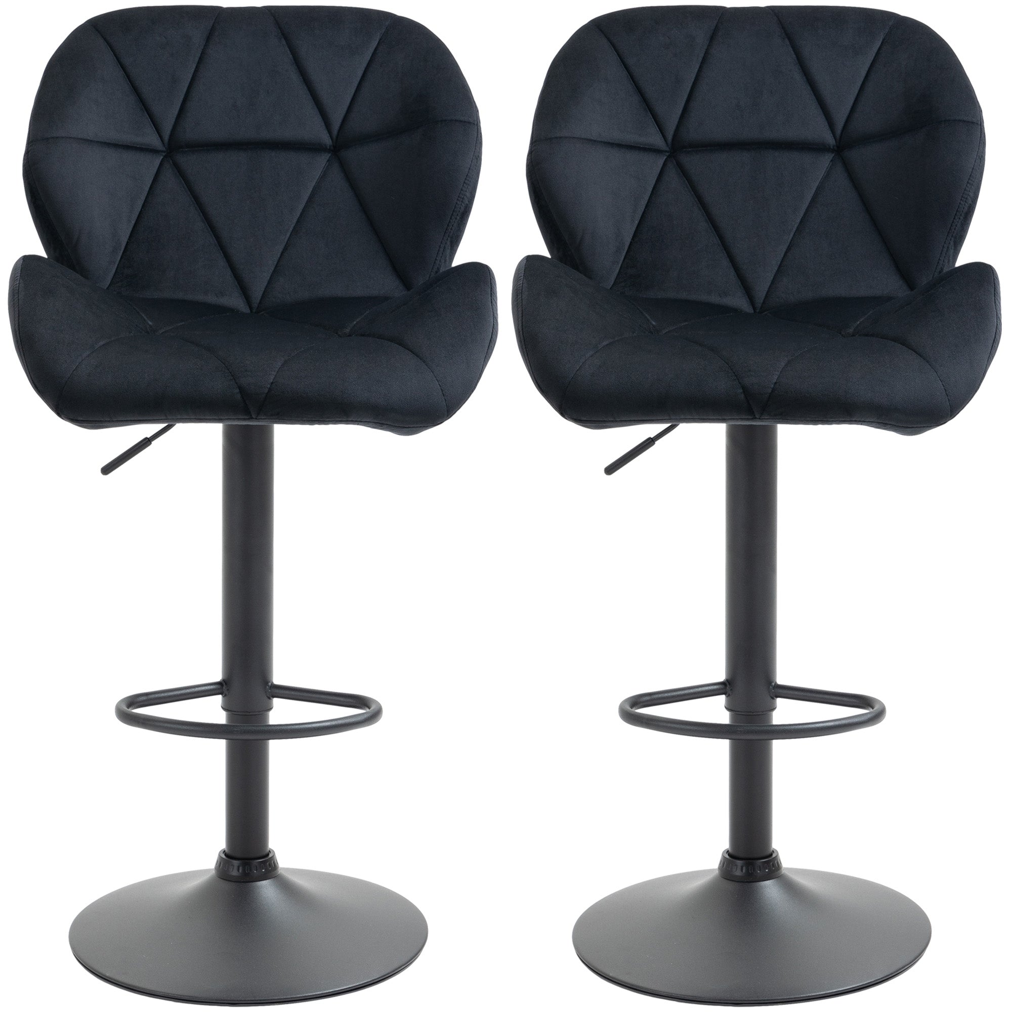 HOMCOM Adjustable Bar Stools Set of 2, Tufted Swivel Barstool with Back, Wide Seat and Footrest, Velvet Upholstered Bar Chairs for Kitchen, Dining Room, Black