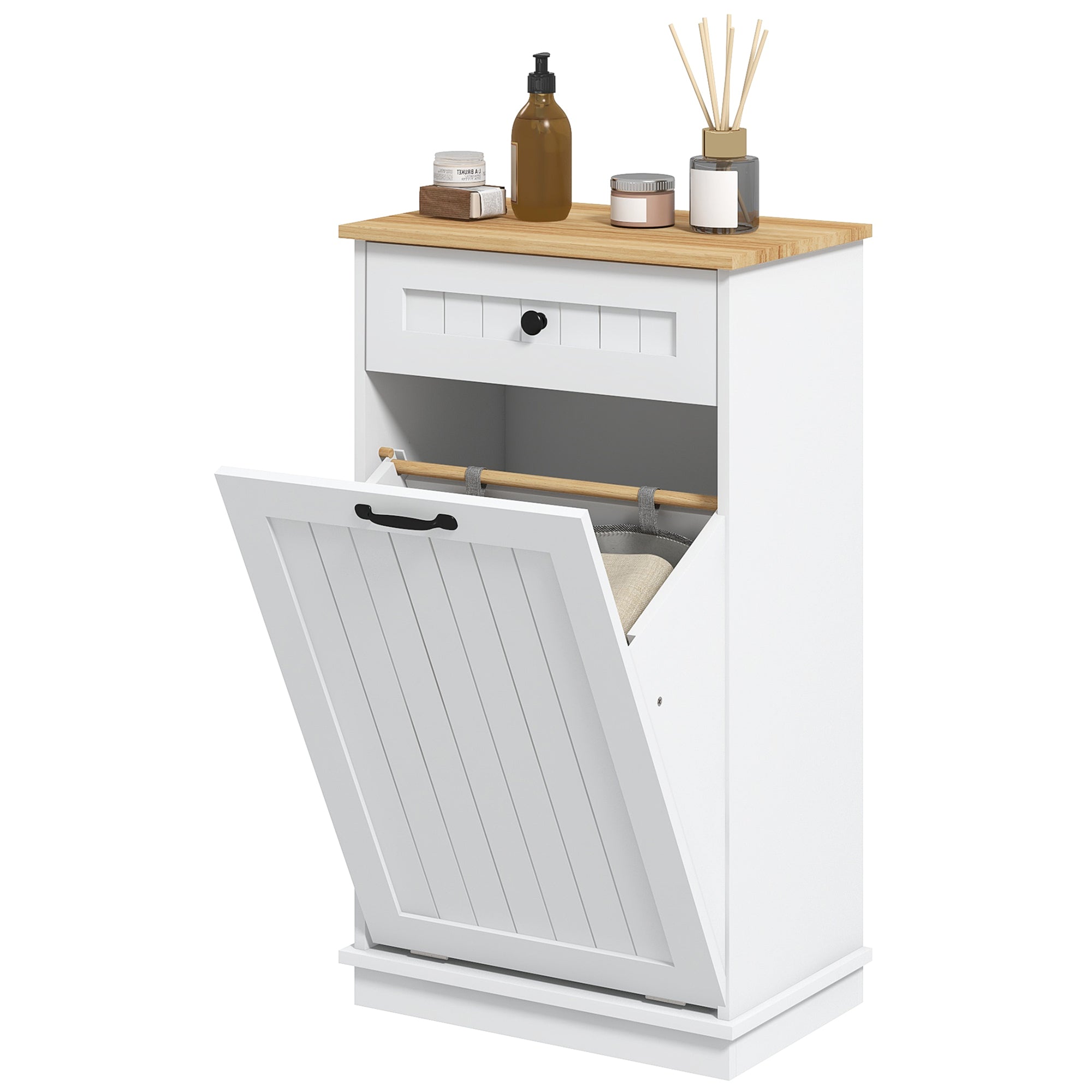 HOMCOM Tilt-Out Laundry Hamper, Laundry Cabinet with Removable Basket and Drawer, Bathroom Storage Cabinet, White