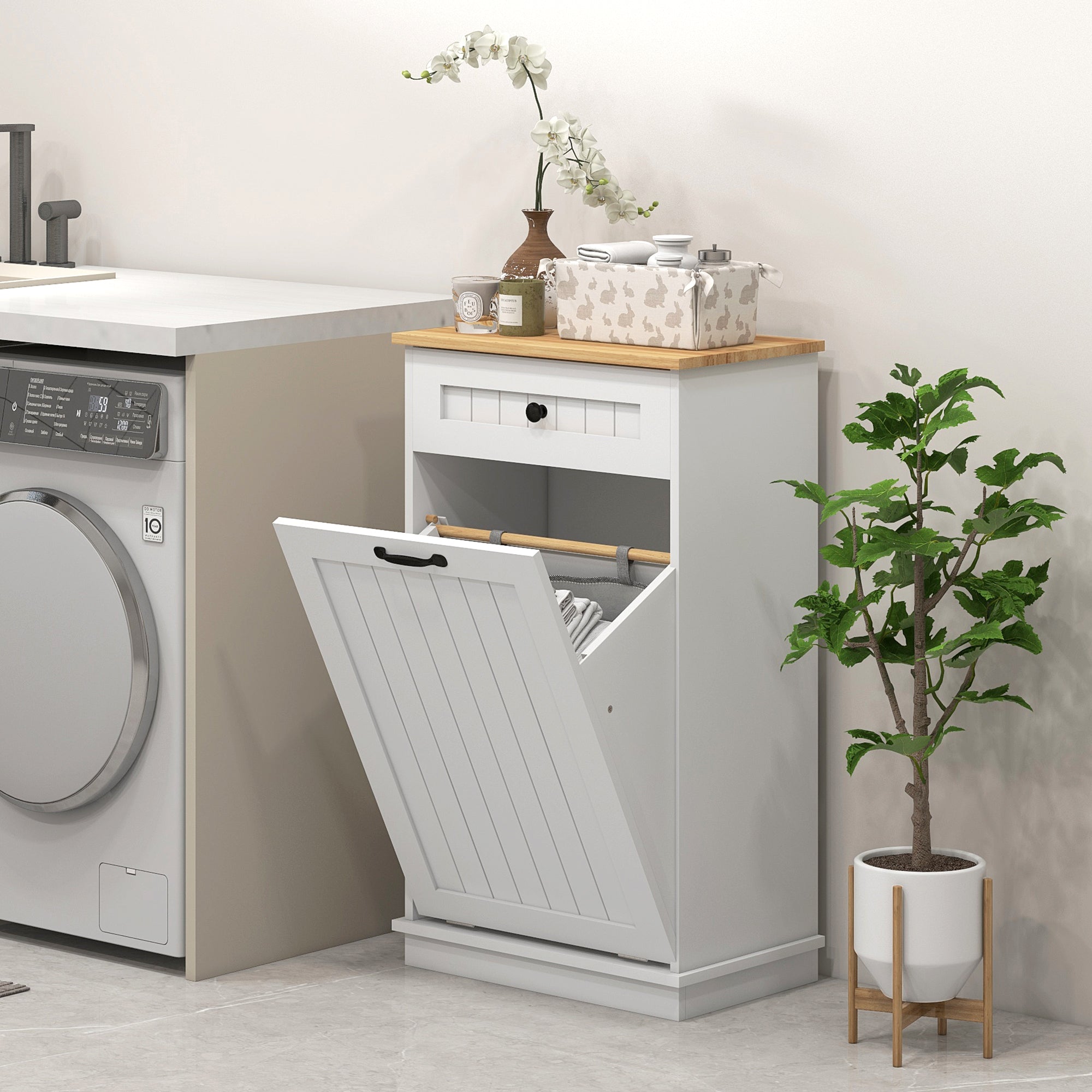 HOMCOM Tilt-Out Laundry Hamper, Laundry Cabinet with Removable Basket and Drawer, Bathroom Storage Cabinet, White