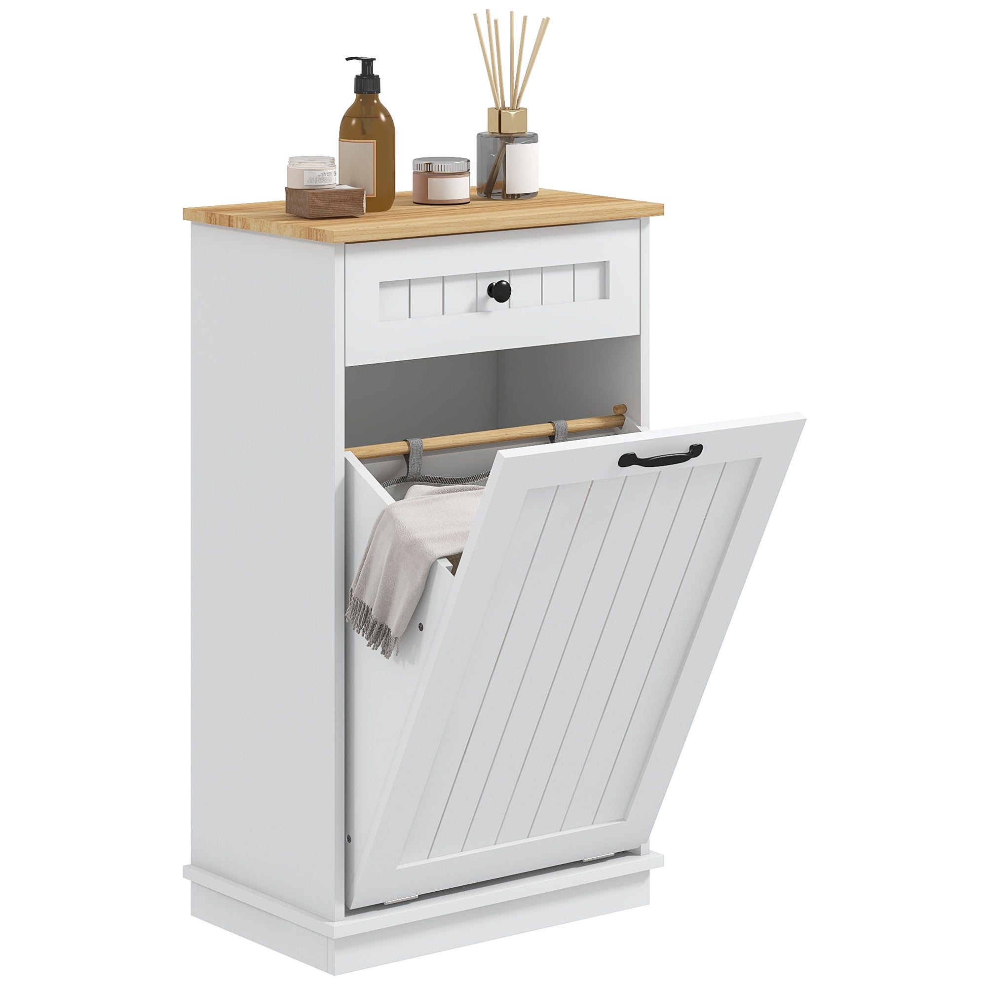 HOMCOM Tilt-Out Laundry Hamper, Laundry Cabinet with Removable Basket and Drawer, Bathroom Storage Cabinet, White
