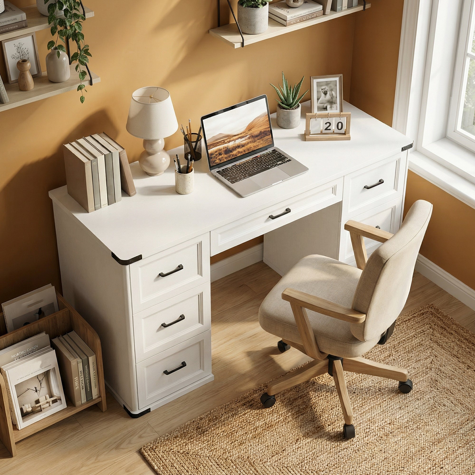 55" Farmhouse Executive Desk, Computer Desk with Drawers, Study Table for Home Office, Bedroom, White Wood Grain
