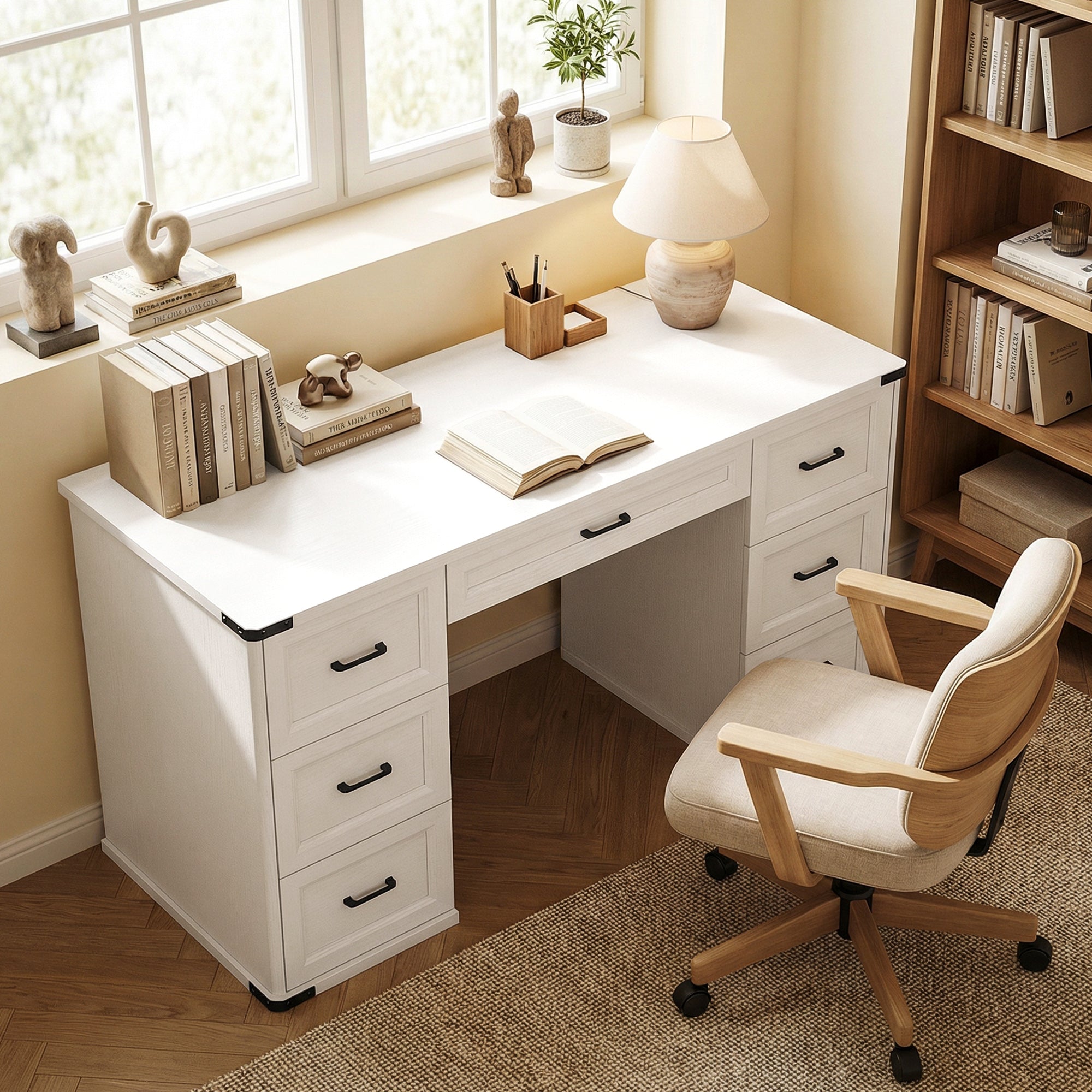 55" Farmhouse Executive Desk, Computer Desk with Drawers, Study Table for Home Office, Bedroom, White Wood Grain