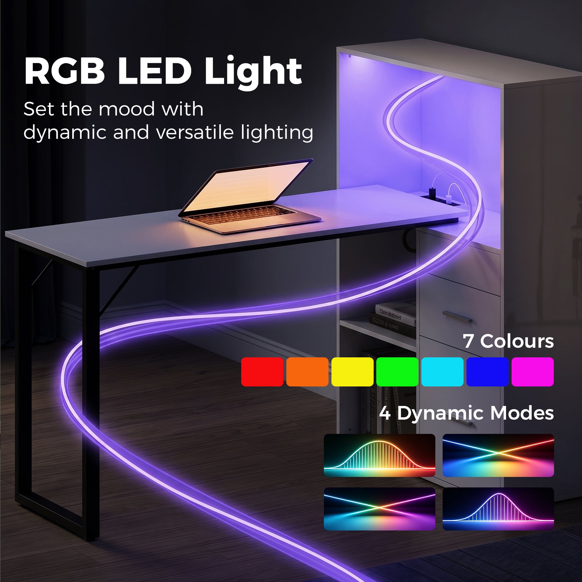 54" Computer Desk with Drawers, Home Office Desk with Power Outlets and LED Lights, Writing Table with File Drawer and Open Shelves for Bedroom, White