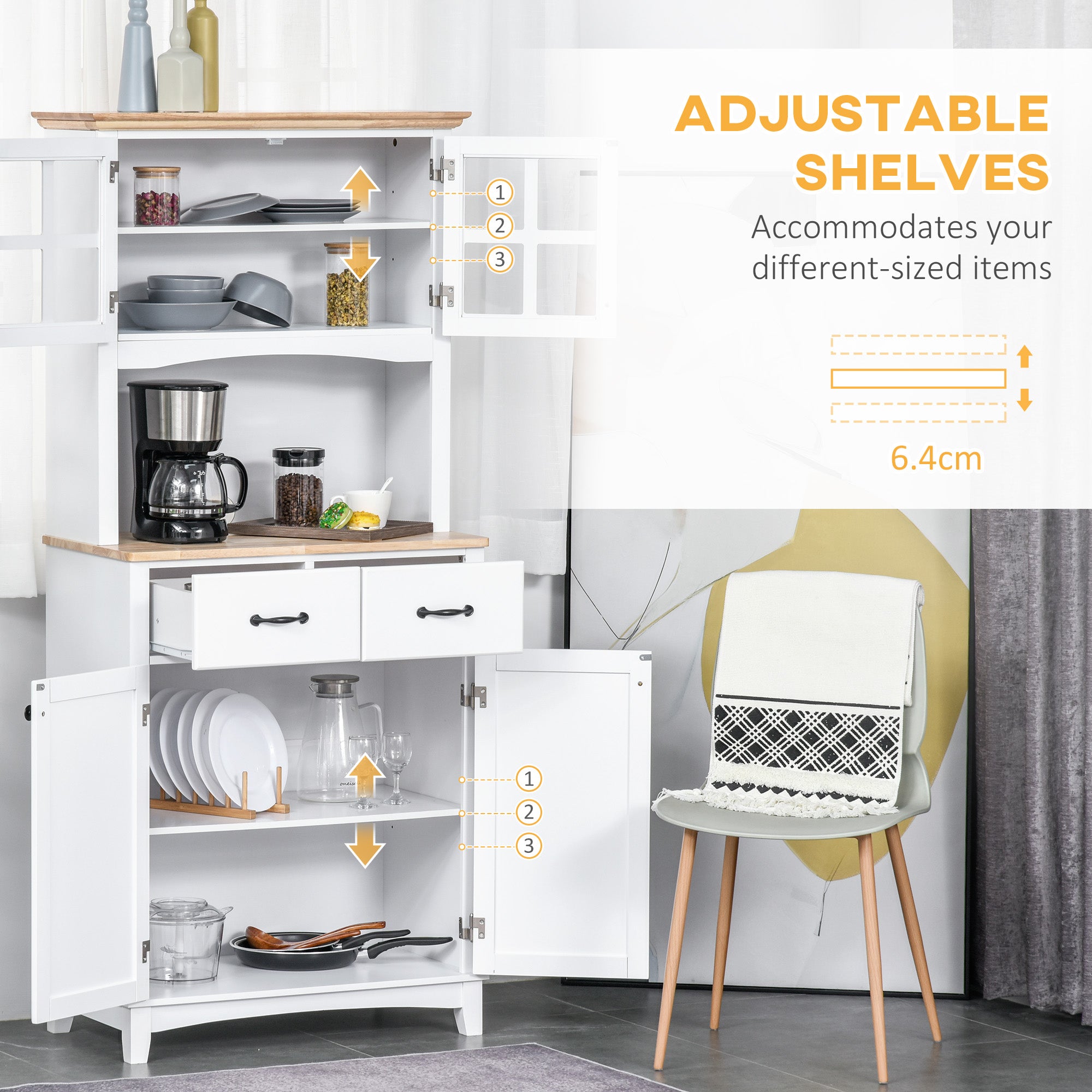 Freestanding Kitchen Cupboard, Kitchen Storage Cabinet with Framed Glass Doors, 2 Drawers, Microwave Counter, 172cm, White