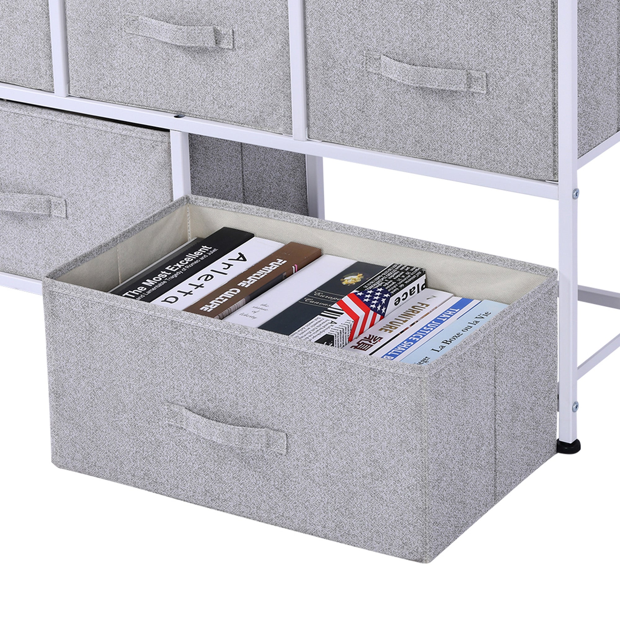 Linen Drawer Cabinet Organizer Storage Dresser Tower with 5 Removable Drawer Metal Frame Adjustable Feet for Living Room, Kitchen, Bathroom, Grey