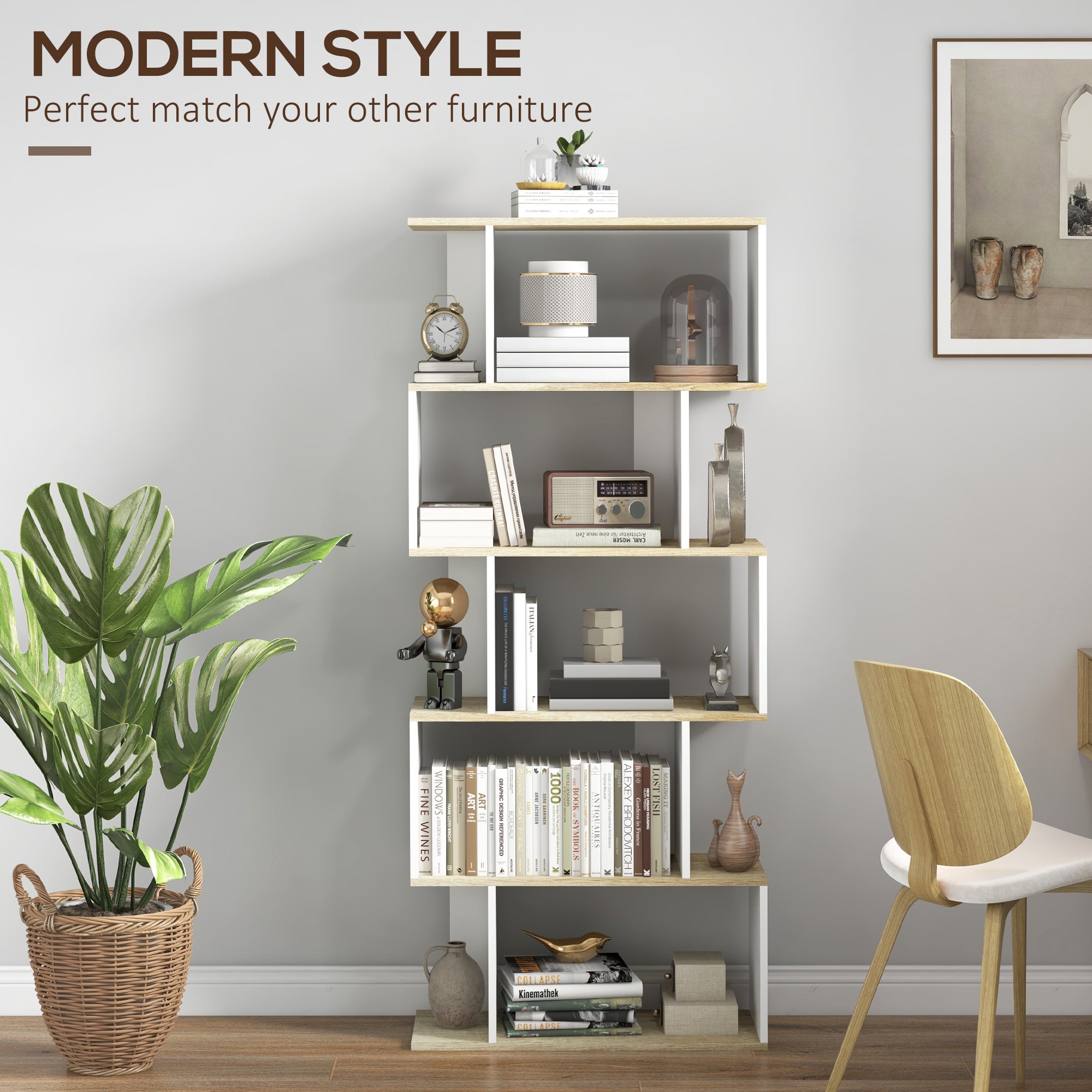 5-Tier Bookshelf, Geometric S Shaped Bookcase, Tall Narrow Display Shelf for for Living Room, Study Room, Home Office, White