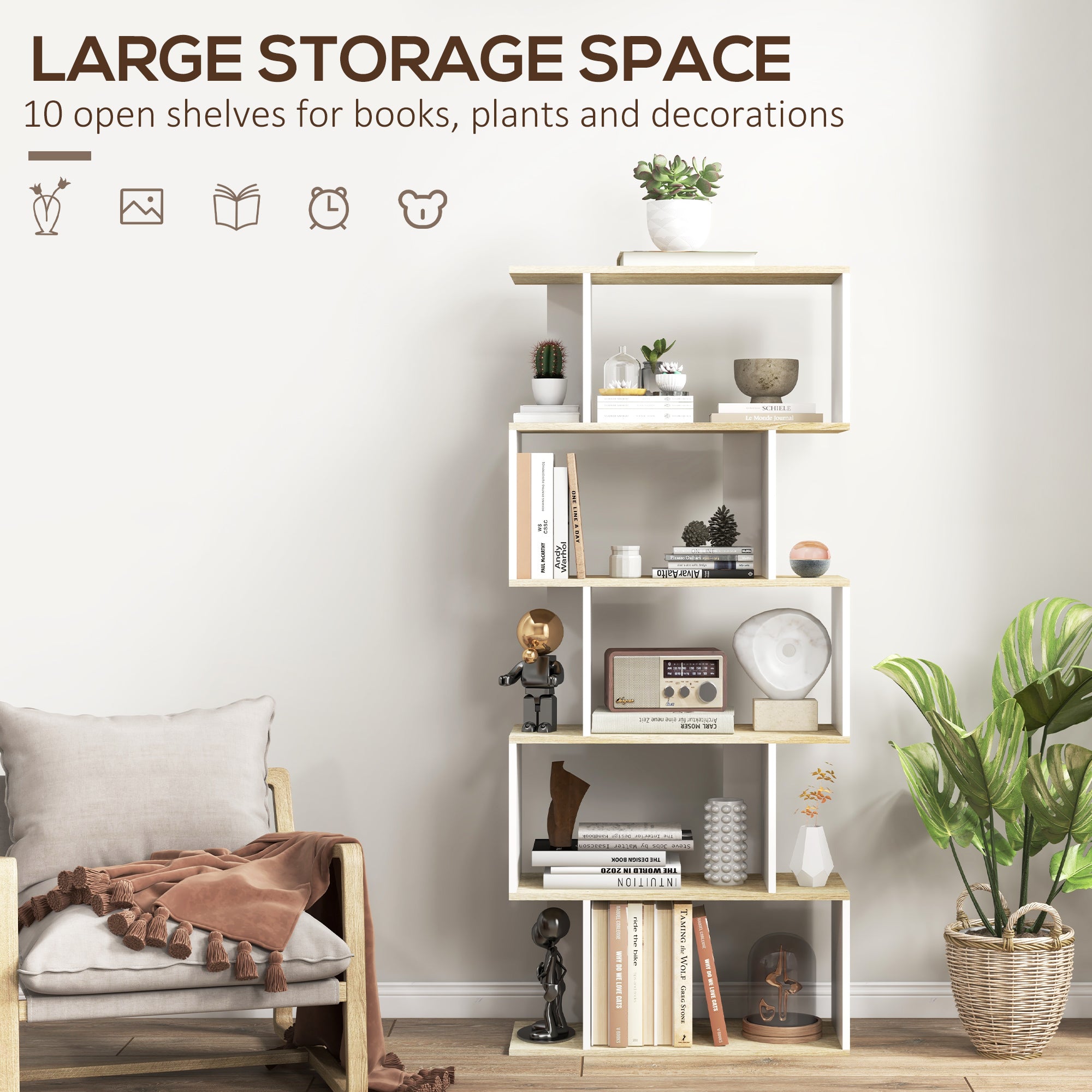 5-Tier Bookshelf, Geometric S Shaped Bookcase, Tall Narrow Display Shelf for for Living Room, Study Room, Home Office, White