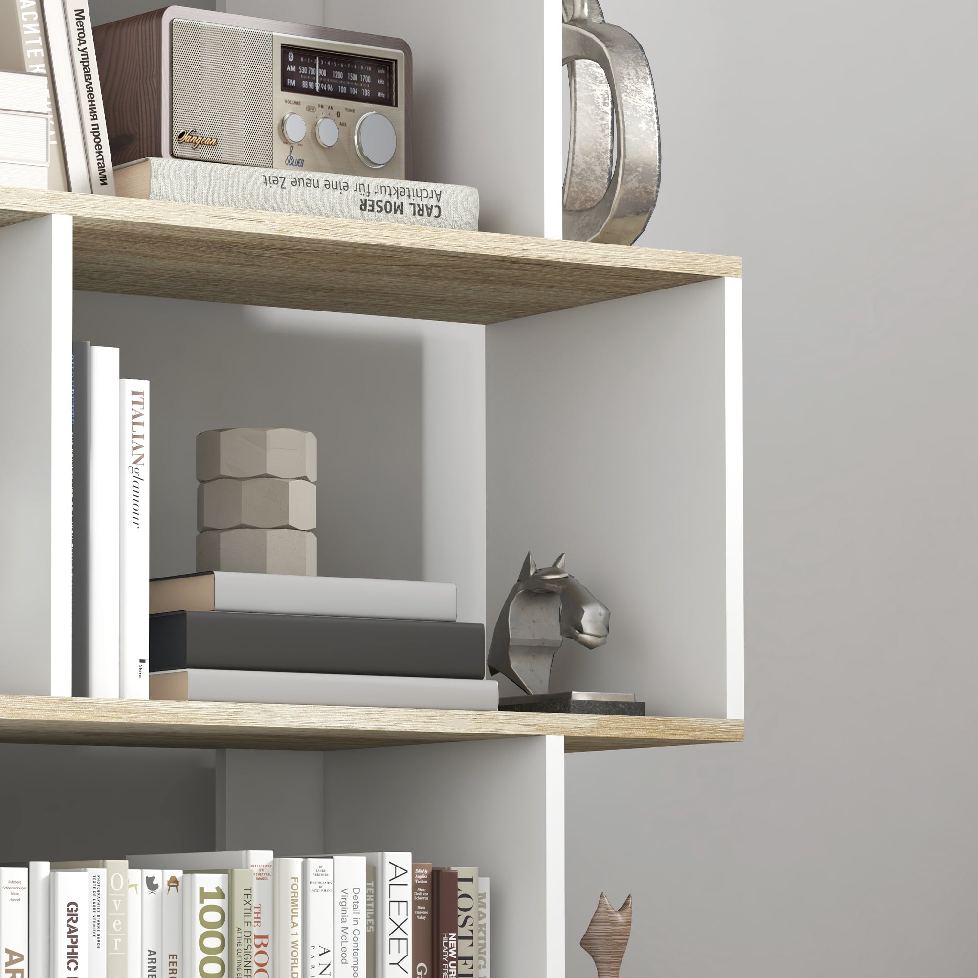 5-Tier Bookshelf, Geometric S Shaped Bookcase, Tall Narrow Display Shelf for for Living Room, Study Room, Home Office, White