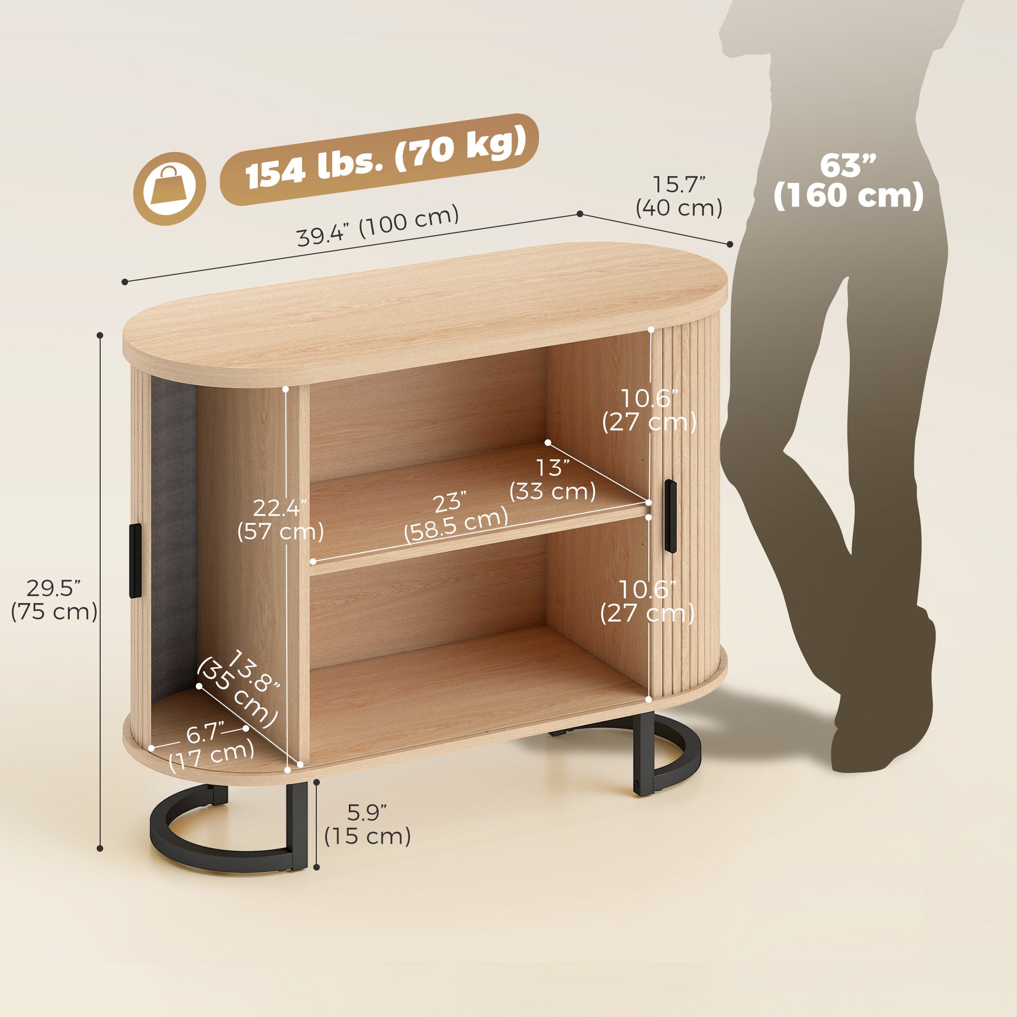 Sideboard Buffet Cabinet with Curved Tambour Doors and Thick Tabletop, 39.4" Coffee Bar Cabinet with Arc Metal Legs, Coffee Bar Station, Natural Wood