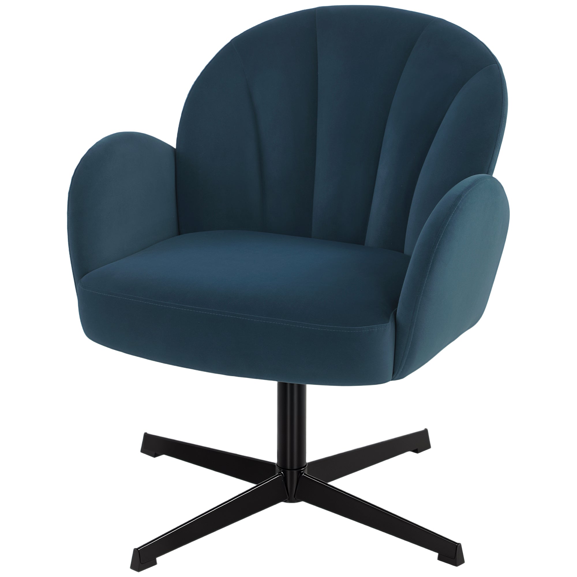 Swivel Accent Chair, Velvet-Feel Fabric Shell-Shaped Armchair with Spring Cushion, Metal Base, Modern Reading Chair for Living Room, Bedroom, Study, Makeup, Dark Blue