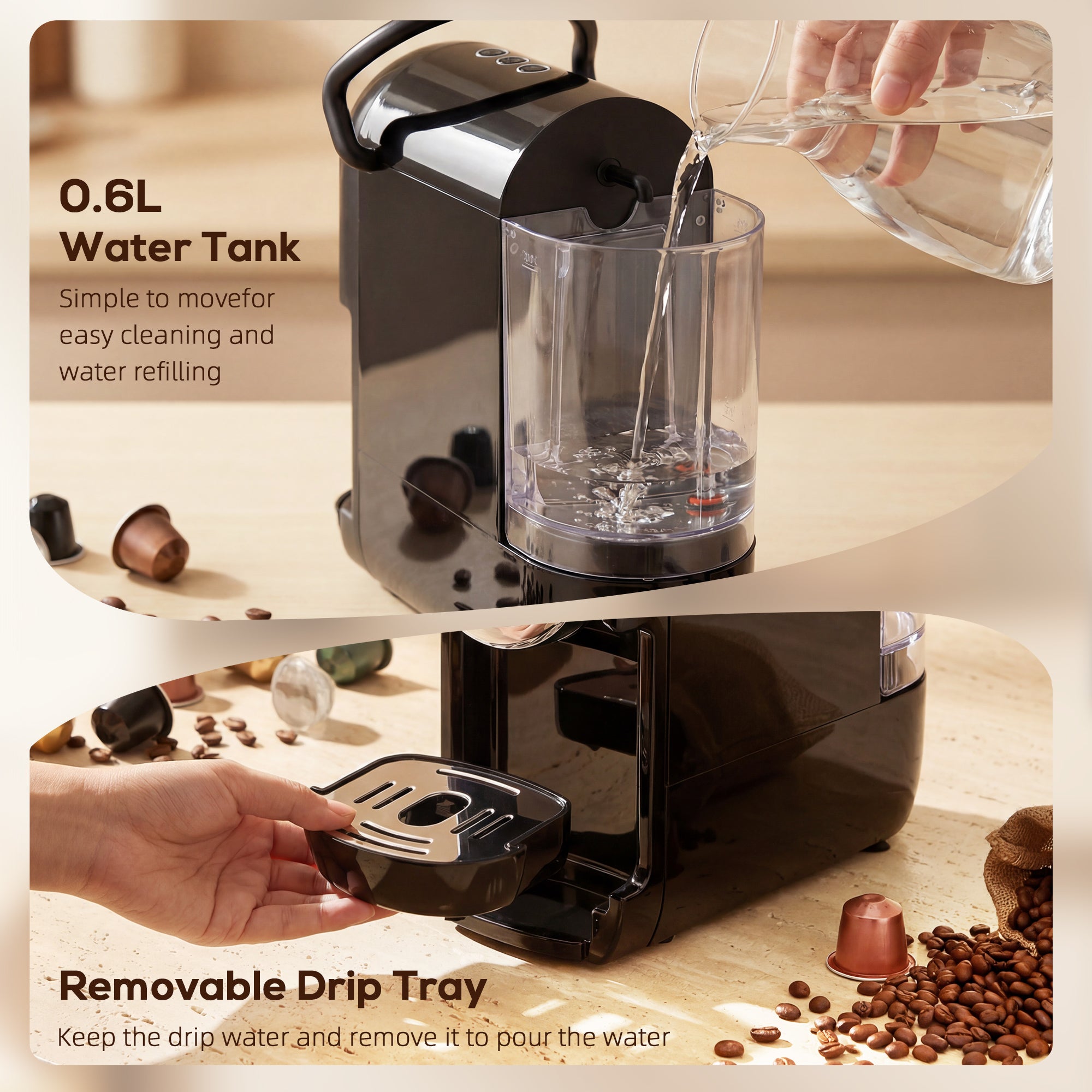 Pod Coffee Machine for Nespresso Original, Dolce Gusto Capsule and Ground Coffee, Small Semi Automatic Coffee Maker with 19 Bar Pump and 0.6L Water Tank for Home Office, Black