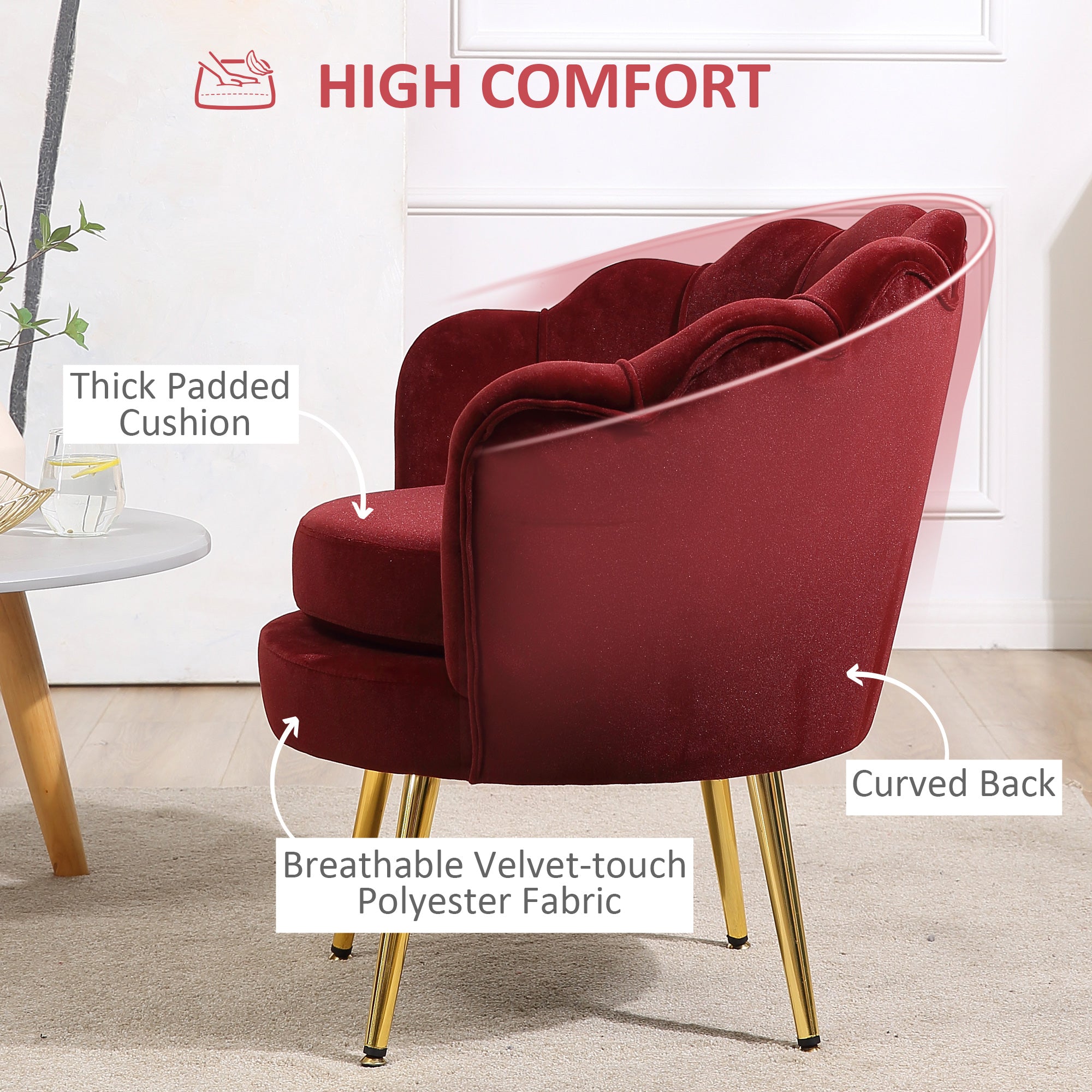 HOMCOM Modern Accent Chair, Velvet-Touch Fabric Leisure Club Chair with Gold Metal Legs for Bedroom, Wine Red