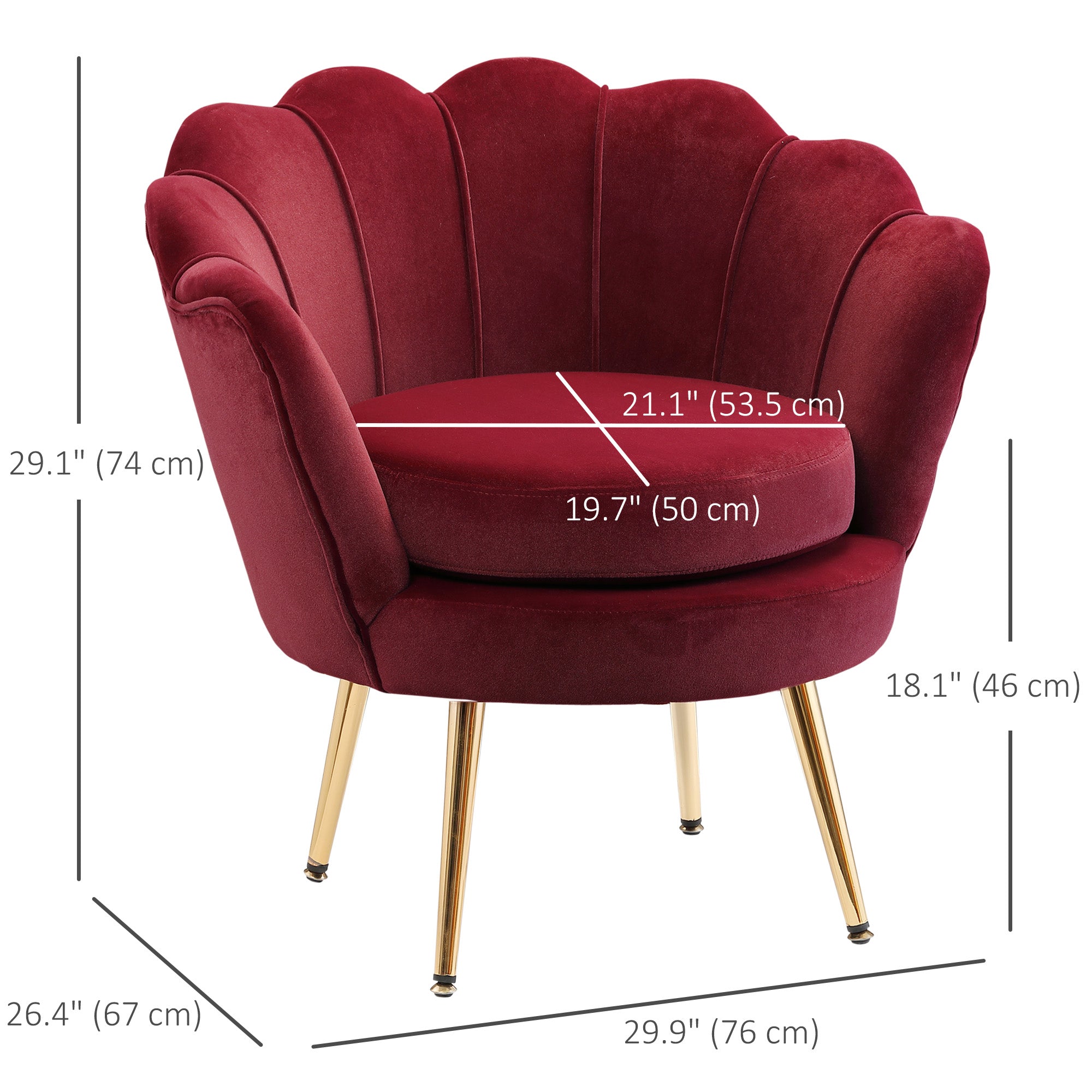 HOMCOM Modern Accent Chair, Velvet-Touch Fabric Leisure Club Chair with Gold Metal Legs for Bedroom, Wine Red