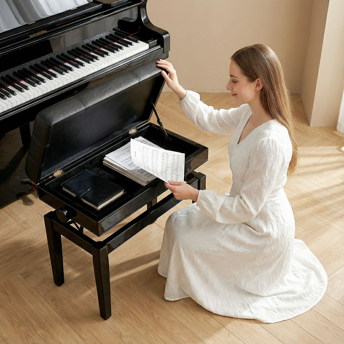 24.8" Adjustable Piano Bench with Padded Cushion and Storage, Faux Leather Keyboard Bench with Solid Wood Legs, Black