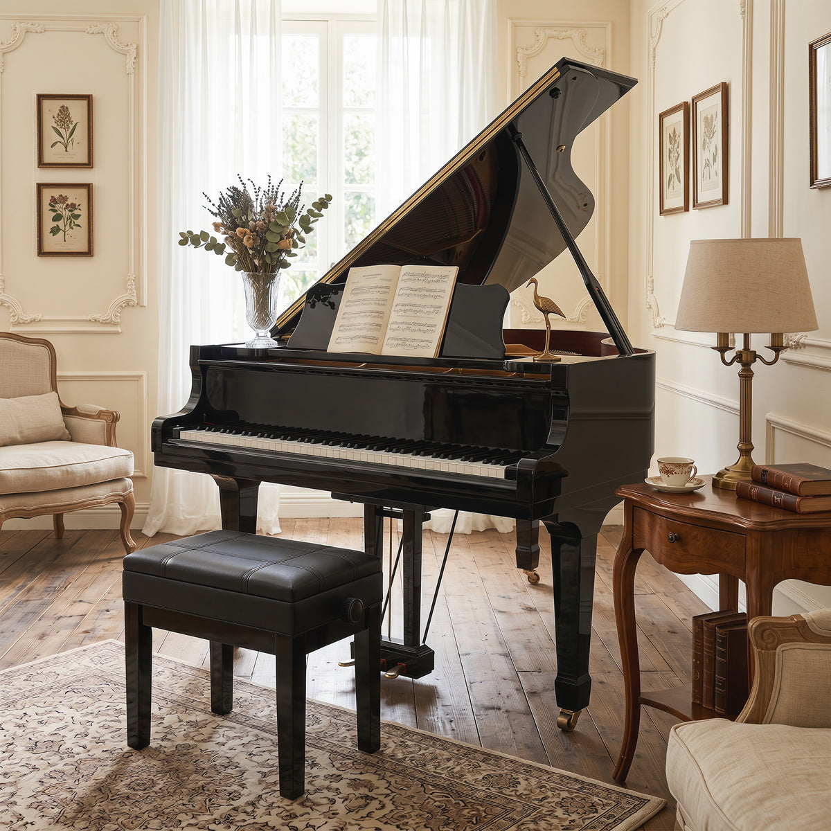 24.8" Adjustable Piano Bench with Padded Cushion and Storage, Faux Leather Keyboard Bench with Solid Wood Legs, Black