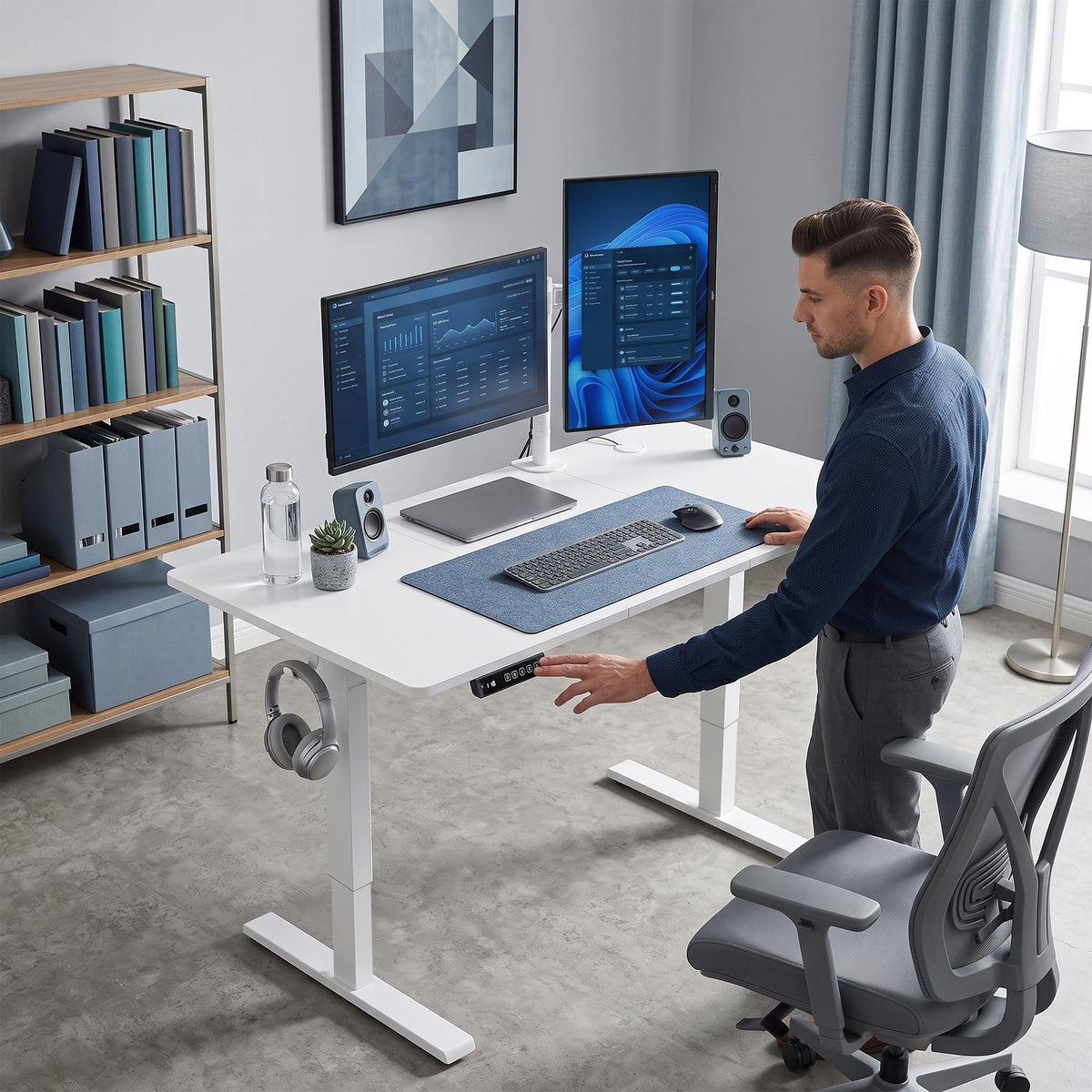 Electric Standing Desk Height Adjustable 120 x 60cm, Sit Stand Desk with 3 Memory Presets, Quiet Home Office Computer Desk with LED Display, Cable Holes & Hooks for Bedroom, Home Office, White