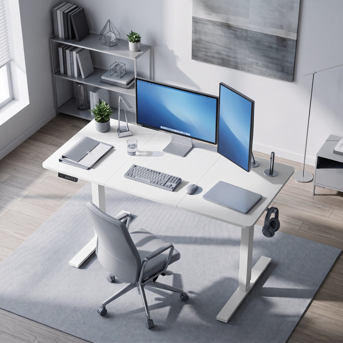Electric Standing Desk Height Adjustable 120 x 60cm, Sit Stand Desk with 3 Memory Presets, Quiet Home Office Computer Desk with LED Display, Cable Holes & Hooks for Bedroom, Home Office, White