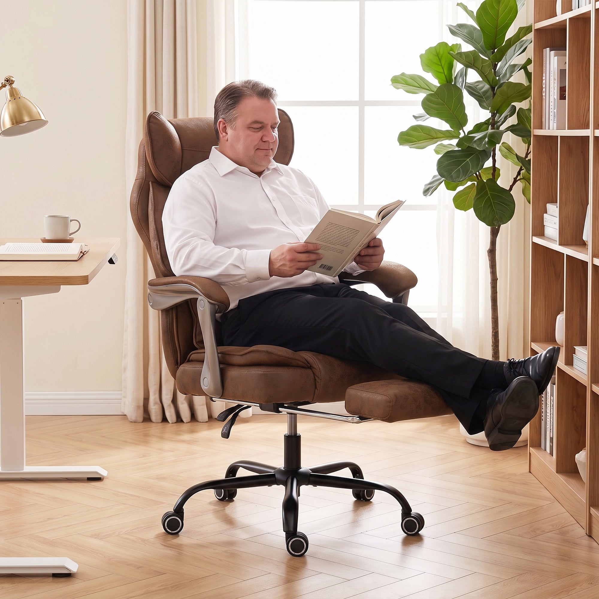 Executive Office Chair with Footrest, 180kg 400lb Big and Tall Leathaire Desk Chair with Wide Seat, Reclining Back, Lumbar Support, Built-in Headrest, Class 4 Gas Lift, Swivel Wheel, Brown