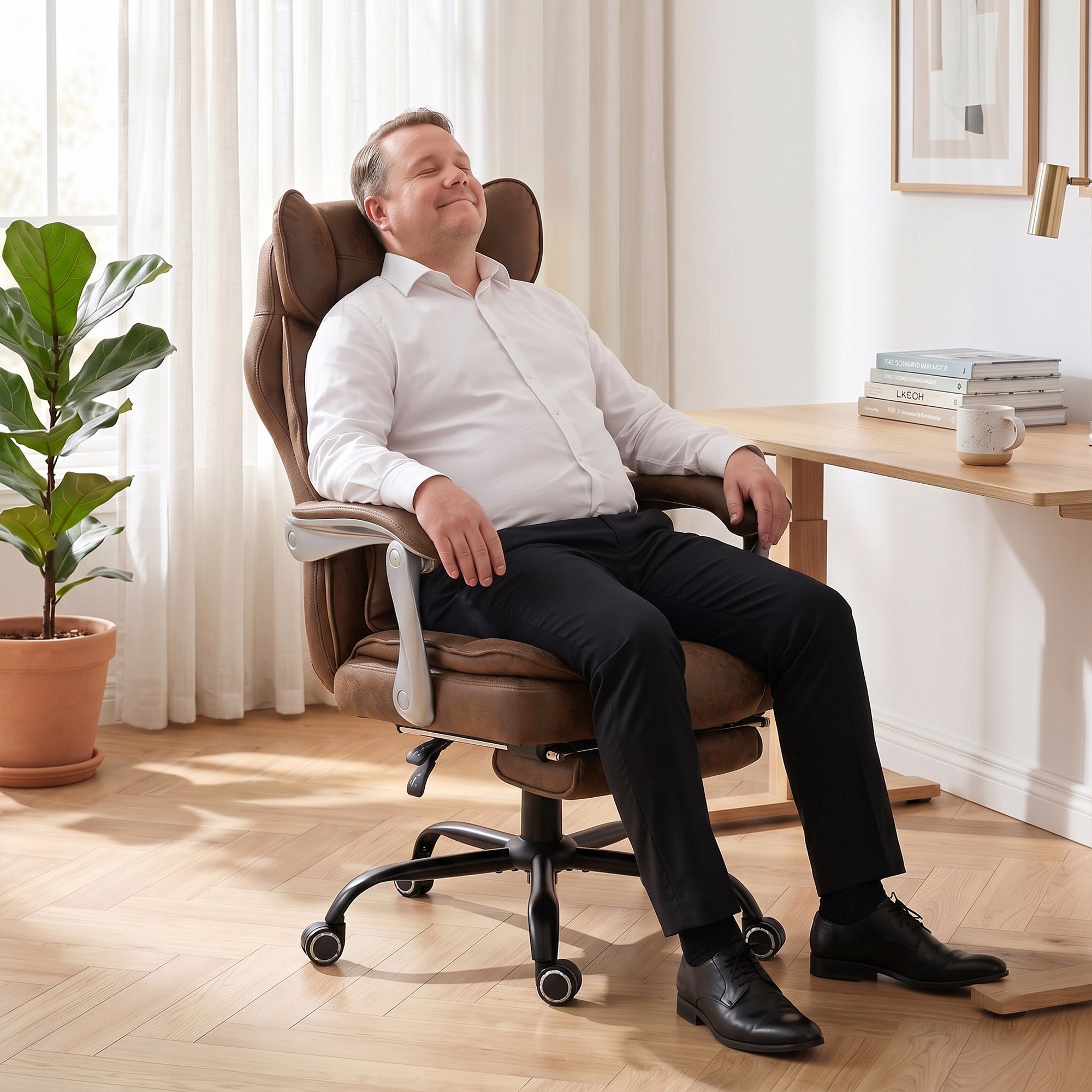 Executive Office Chair with Footrest, 180kg 400lb Big and Tall Leathaire Desk Chair with Wide Seat, Reclining Back, Lumbar Support, Built-in Headrest, Class 4 Gas Lift, Swivel Wheel, Brown