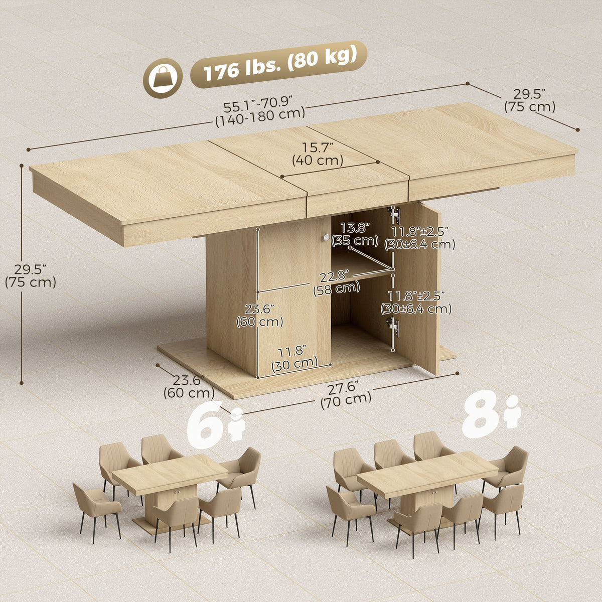 Extendable Dining Room Table for 6-8, 55"-71" Rectangle Kitchen Dining Table with Cabinet, Adjustable Shelf, Mid Century Modern Dinner Furniture, Living Room, Natural Wood