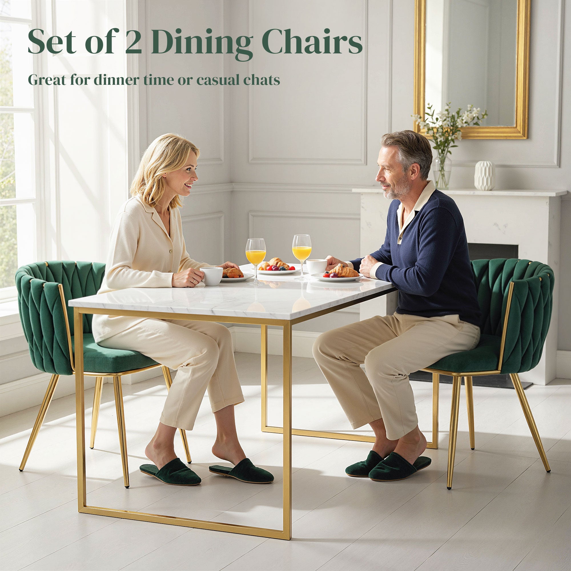 Velvet-Feel Dining Chairs Set of 2, Modern Upholstered Kitchen Chairs with Woven Backrest and Armrests, Metal Legs and Padded Seat for Dining Room, Bedroom, Living Room, Dark Green