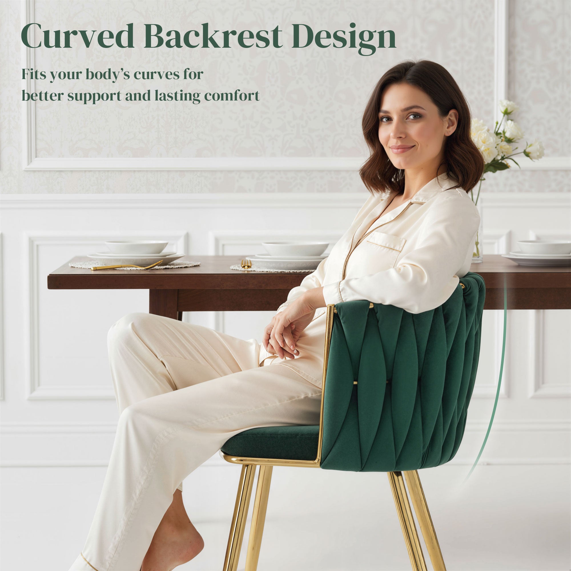 Velvet-Feel Dining Chairs Set of 2, Modern Upholstered Kitchen Chairs with Woven Backrest and Armrests, Metal Legs and Padded Seat for Dining Room, Bedroom, Living Room, Dark Green