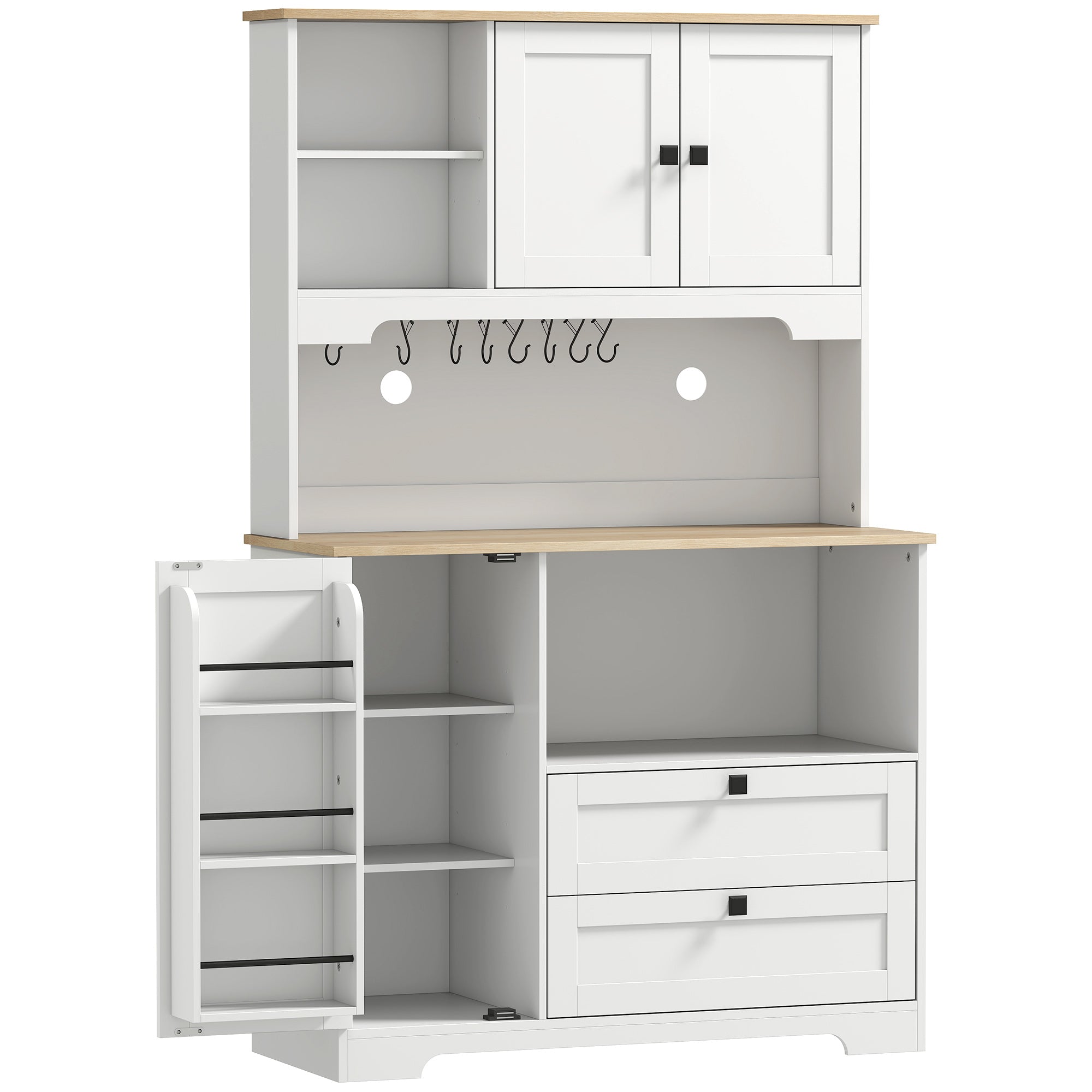 Kitchen Cupboard, Freestanding Kitchen Cabinet with 2 Cabinets, 2 Drawers, Open and Adjustable Shelves, Microwave Stand, Pantry Storage Cupboard for Dining Room and Living Room, White