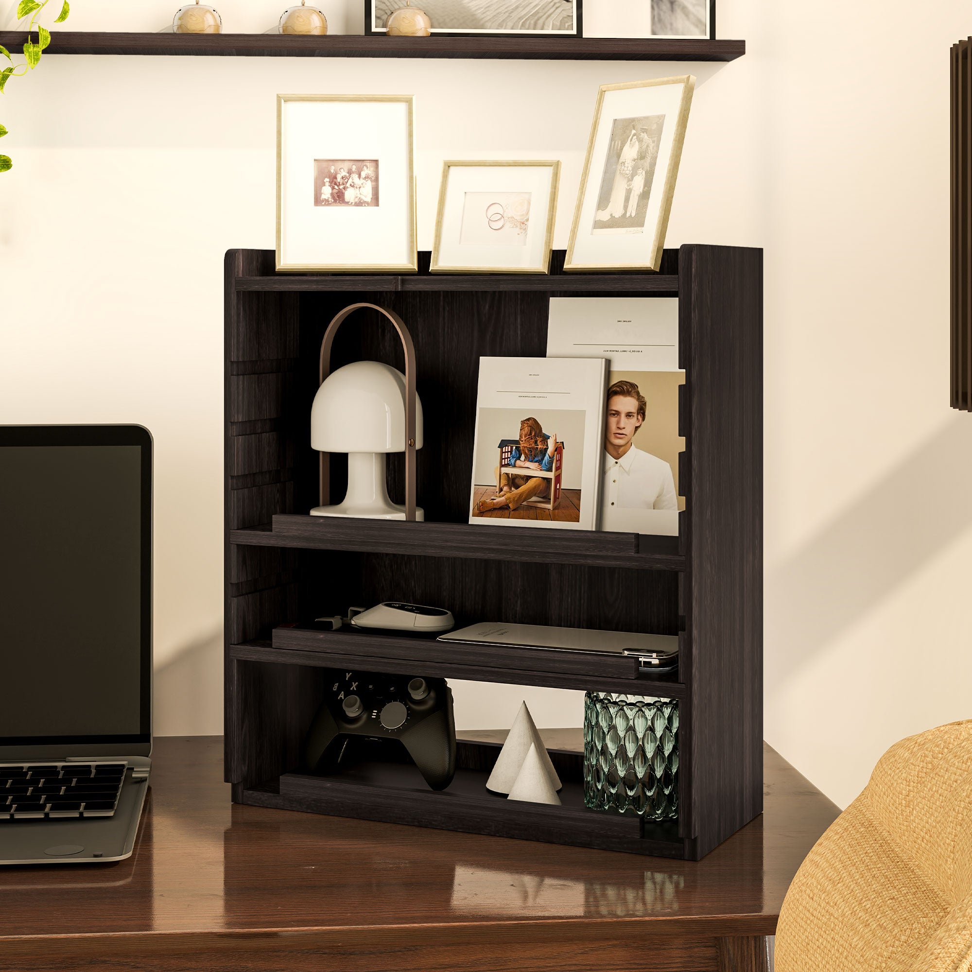 HOMCOM 4-Tier Desk Organiser, Multifunctional Assembled Desktop Organiser with Adjustable Shelves and Cable Management for Stationery, Office Supplies, Paper, Dark Brown