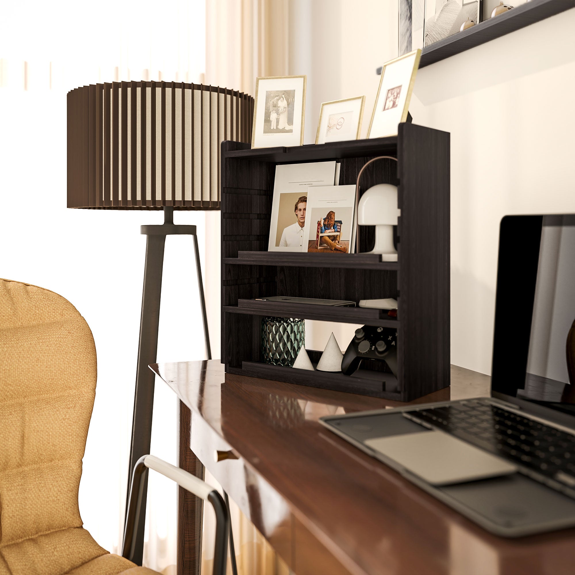 HOMCOM 4-Tier Desk Organiser, Multifunctional Assembled Desktop Organiser with Adjustable Shelves and Cable Management for Stationery, Office Supplies, Paper, Dark Brown