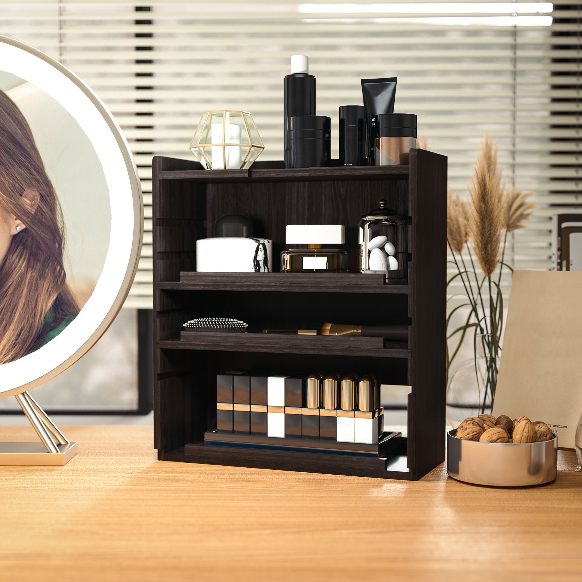 HOMCOM 4-Tier Desk Organiser, Multifunctional Assembled Desktop Organiser with Adjustable Shelves and Cable Management for Stationery, Office Supplies, Paper, Dark Brown