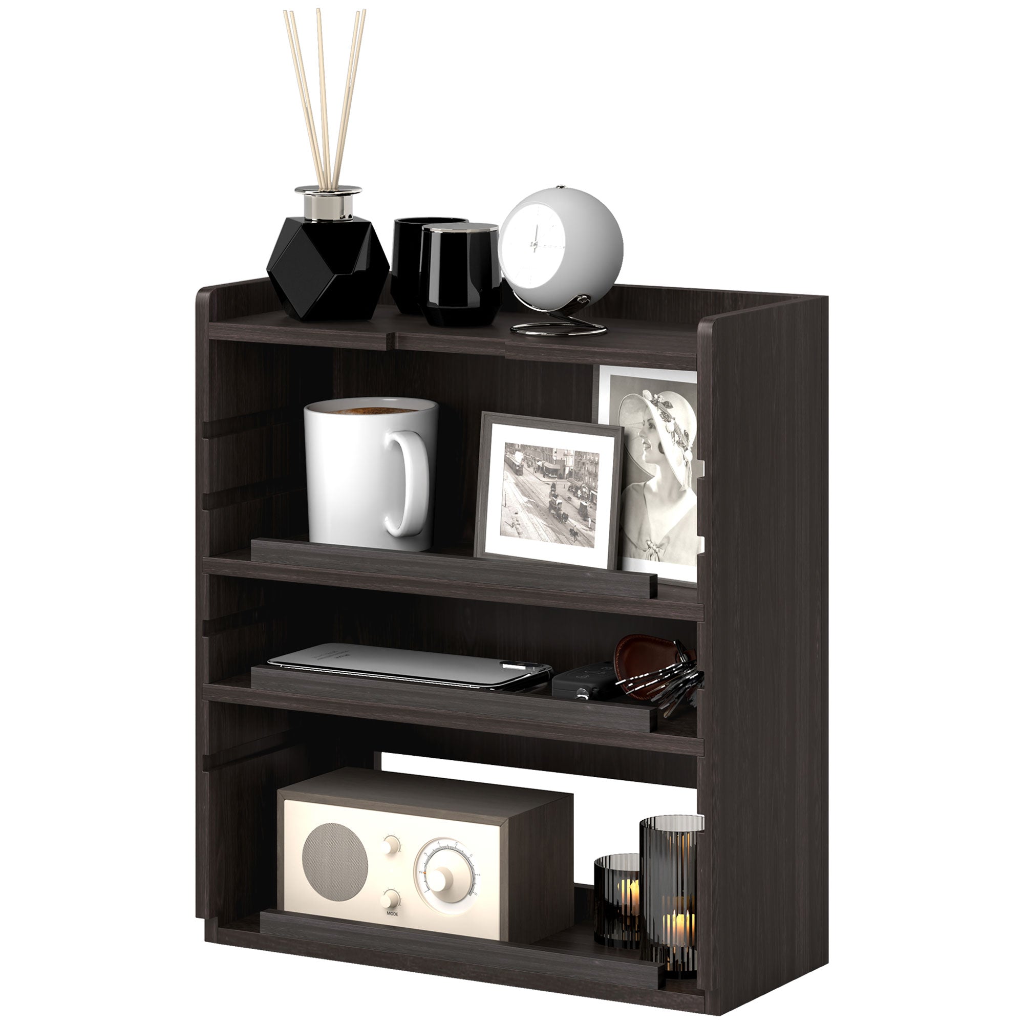 HOMCOM 4-Tier Desk Organiser, Multifunctional Assembled Desktop Organiser with Adjustable Shelves and Cable Management for Stationery, Office Supplies, Paper, Dark Brown