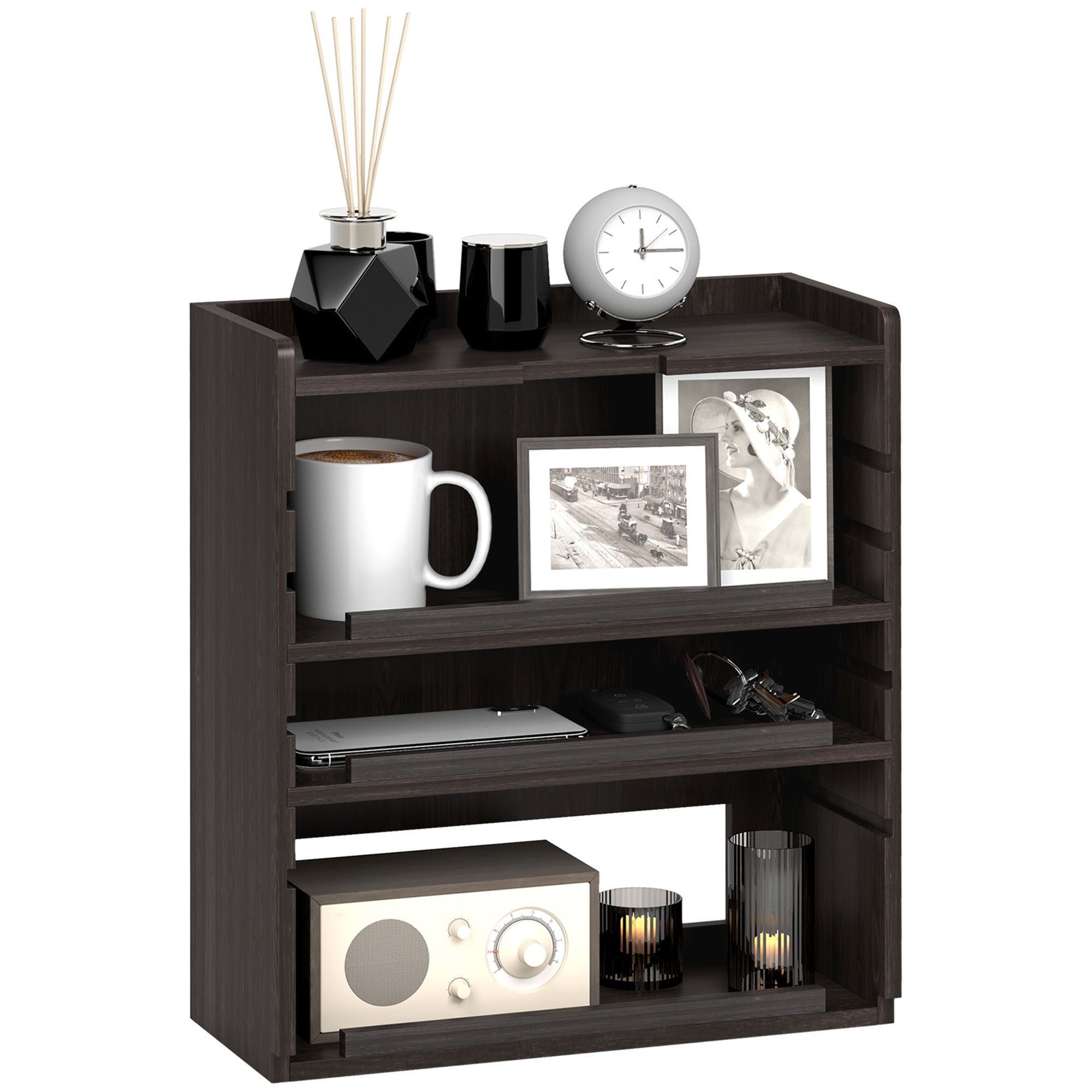 HOMCOM 4-Tier Desk Organiser, Multifunctional Assembled Desktop Organiser with Adjustable Shelves and Cable Management for Stationery, Office Supplies, Paper, Dark Brown