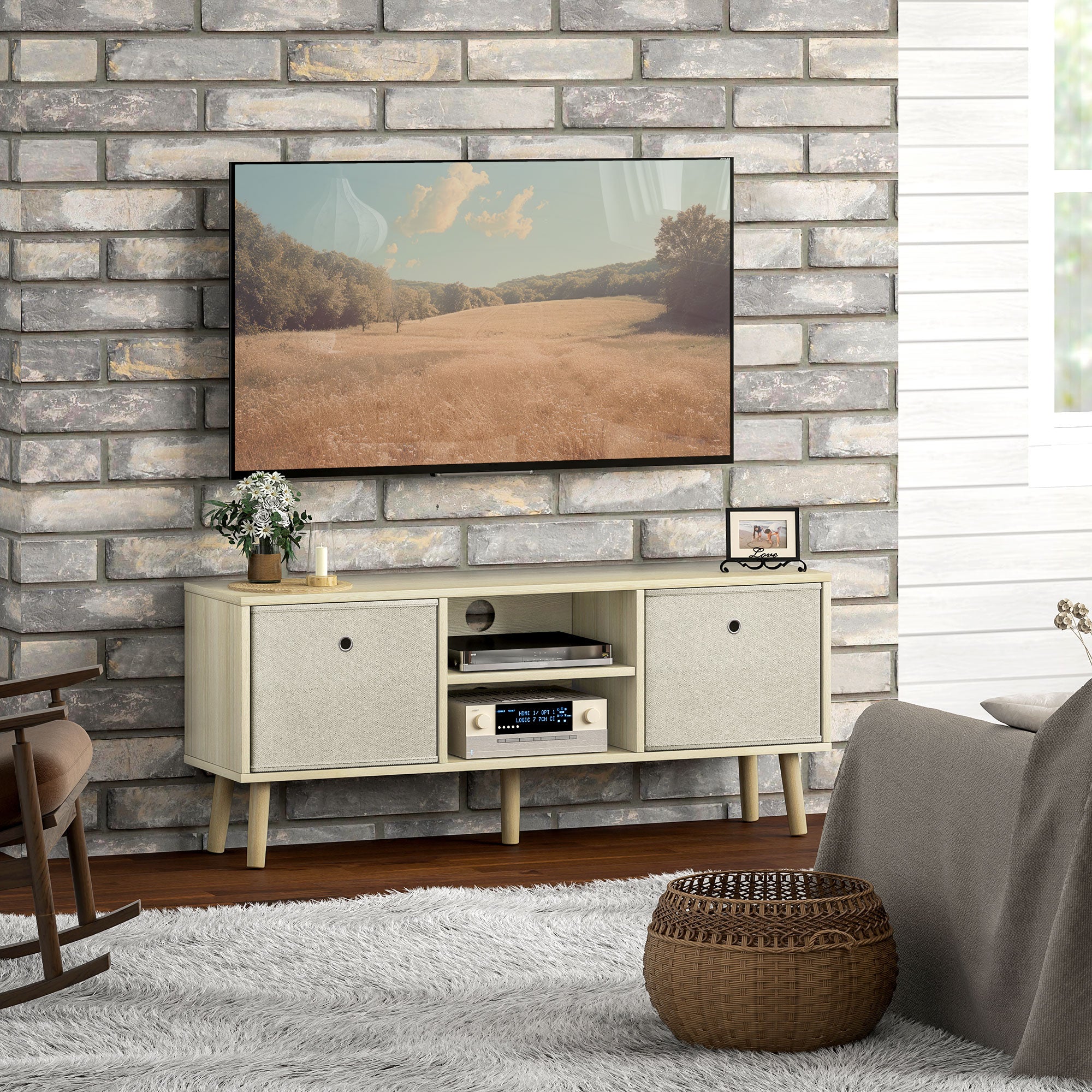 HOMCOM TV Cabinet Stand Unit for TVs up to 50" Flat Screen with Foldable Drawers and Shelves, Entertainment Centre for Living Room, Bedroom Nature Wood Finish