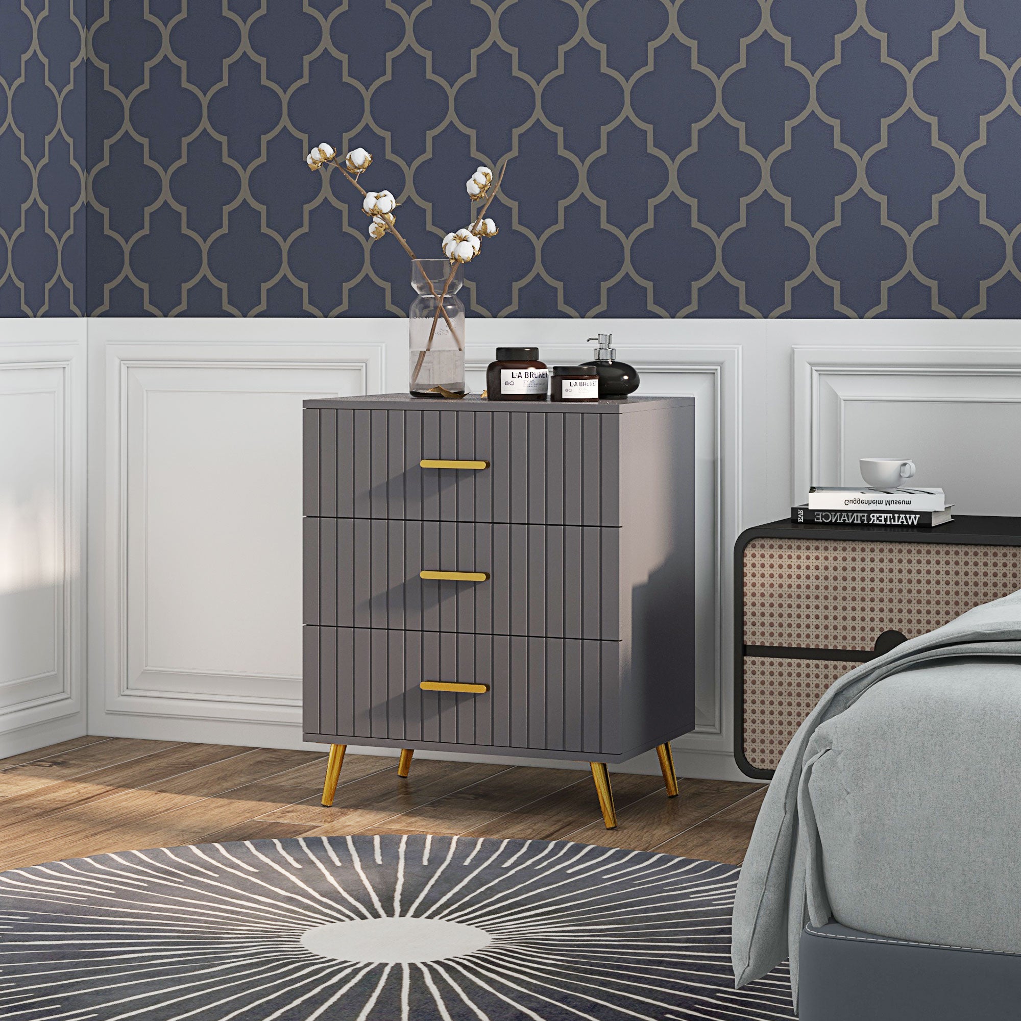 HOMCOM Bedroom Chest of Drawers, Modern 3-Drawer Dresser, Storage Drawer Unit with Aluminium Legs, Dark Grey