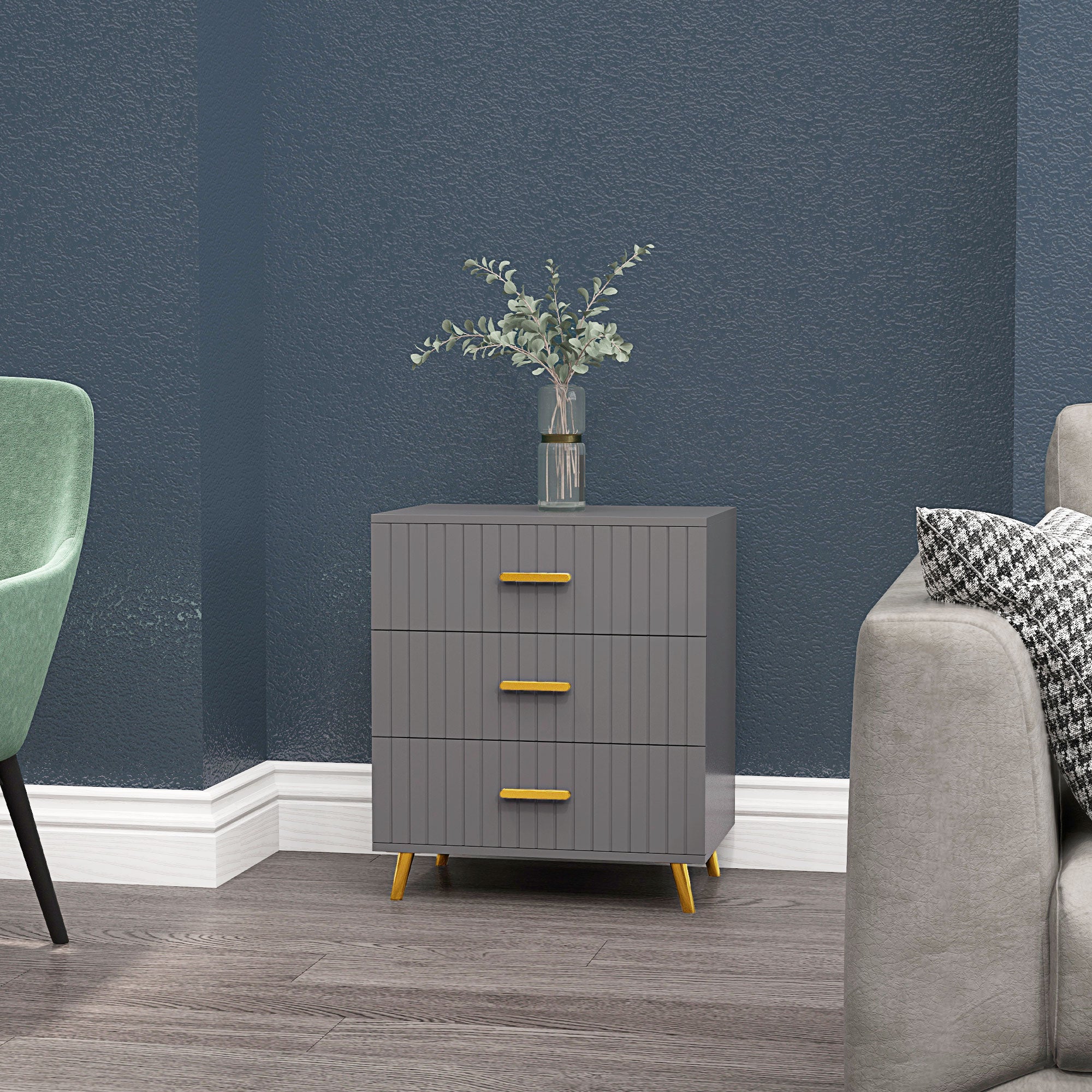 HOMCOM Bedroom Chest of Drawers, Modern 3-Drawer Dresser, Storage Drawer Unit with Aluminium Legs, Dark Grey