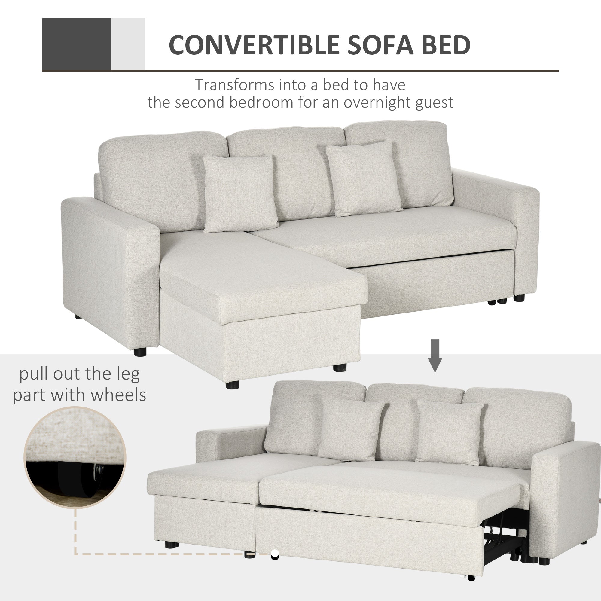 L-Shaped Sectional Sofa Bed, Loveseat Reversible Sleeper Sofa with Pull Out Couch Bed and Storage Chaise, Cream White