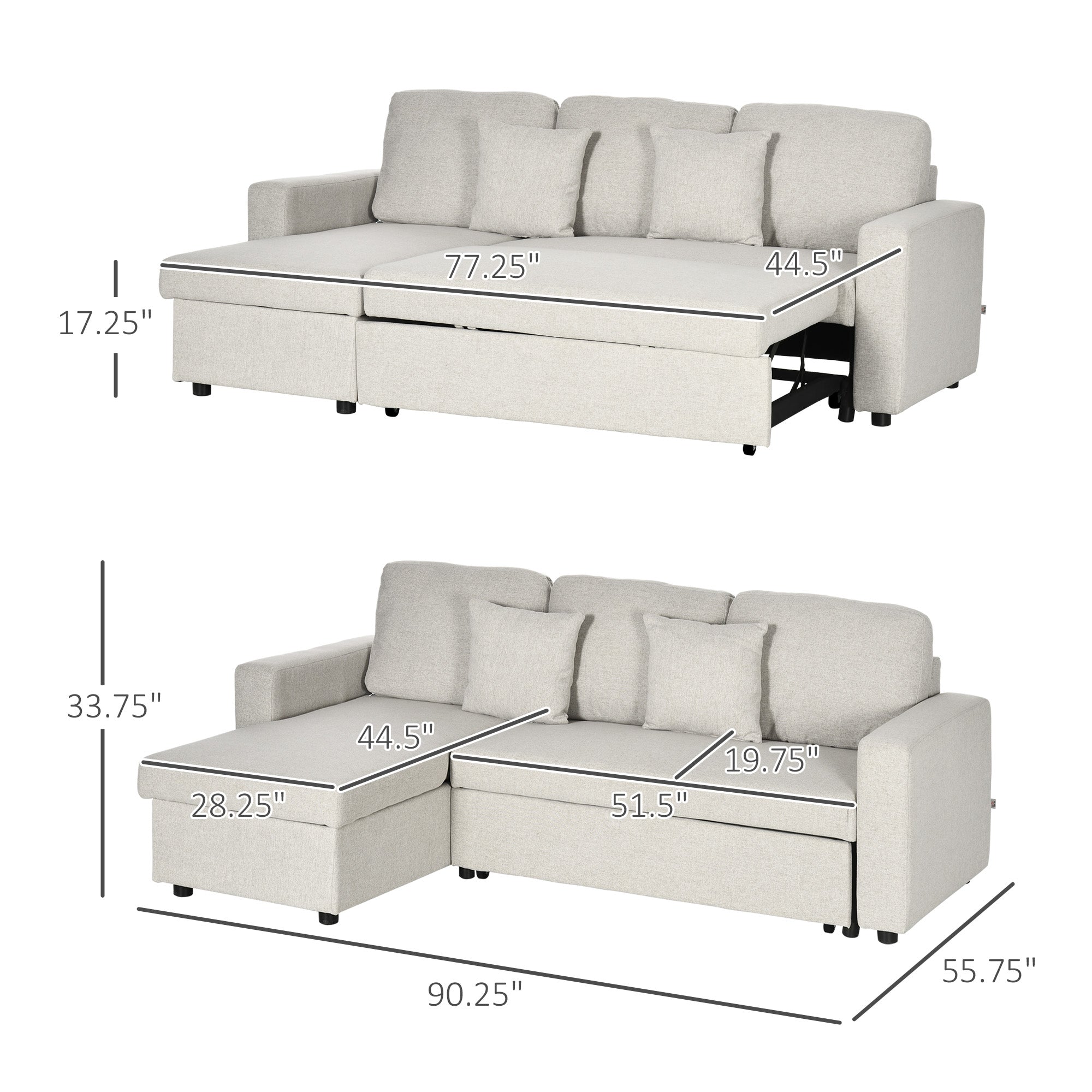 L-Shaped Sectional Sofa Bed, Loveseat Reversible Sleeper Sofa with Pull Out Couch Bed and Storage Chaise, Cream White