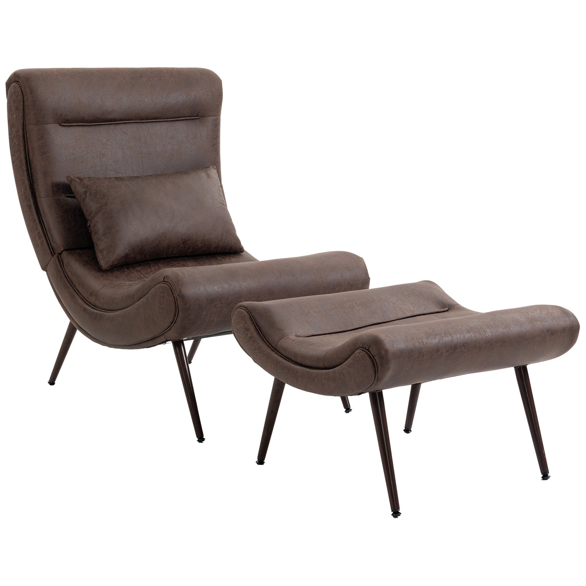 Modern Accent Chair with Footstool, Upholstered Lounge Chair with 64cm Wide Seat, Lumbar Pillow, Trapezoidal Backrest, Wood-Effect Steel Legs, Reading Seat for Living Room, Study, Dark Brown