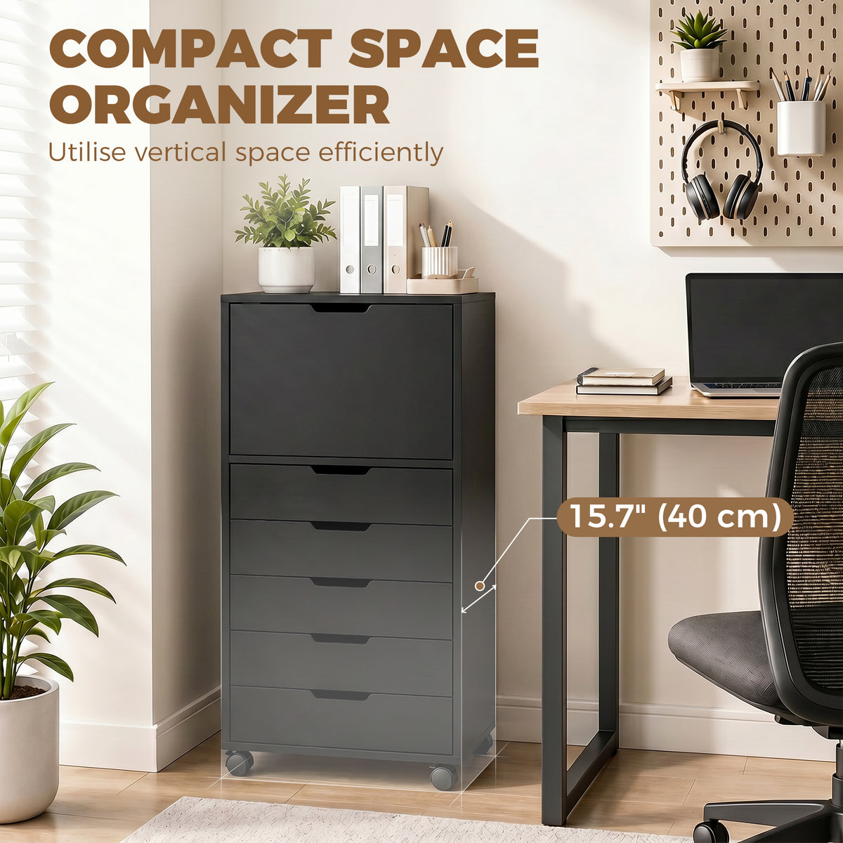 5 Drawer Vertical File Cabinet with Lockable Wheels and Soft-Close Cabinet, Mobile Filing Cabinet for Home Office, Rolling Printer Stand for A4 Letter-Size Documents, Black