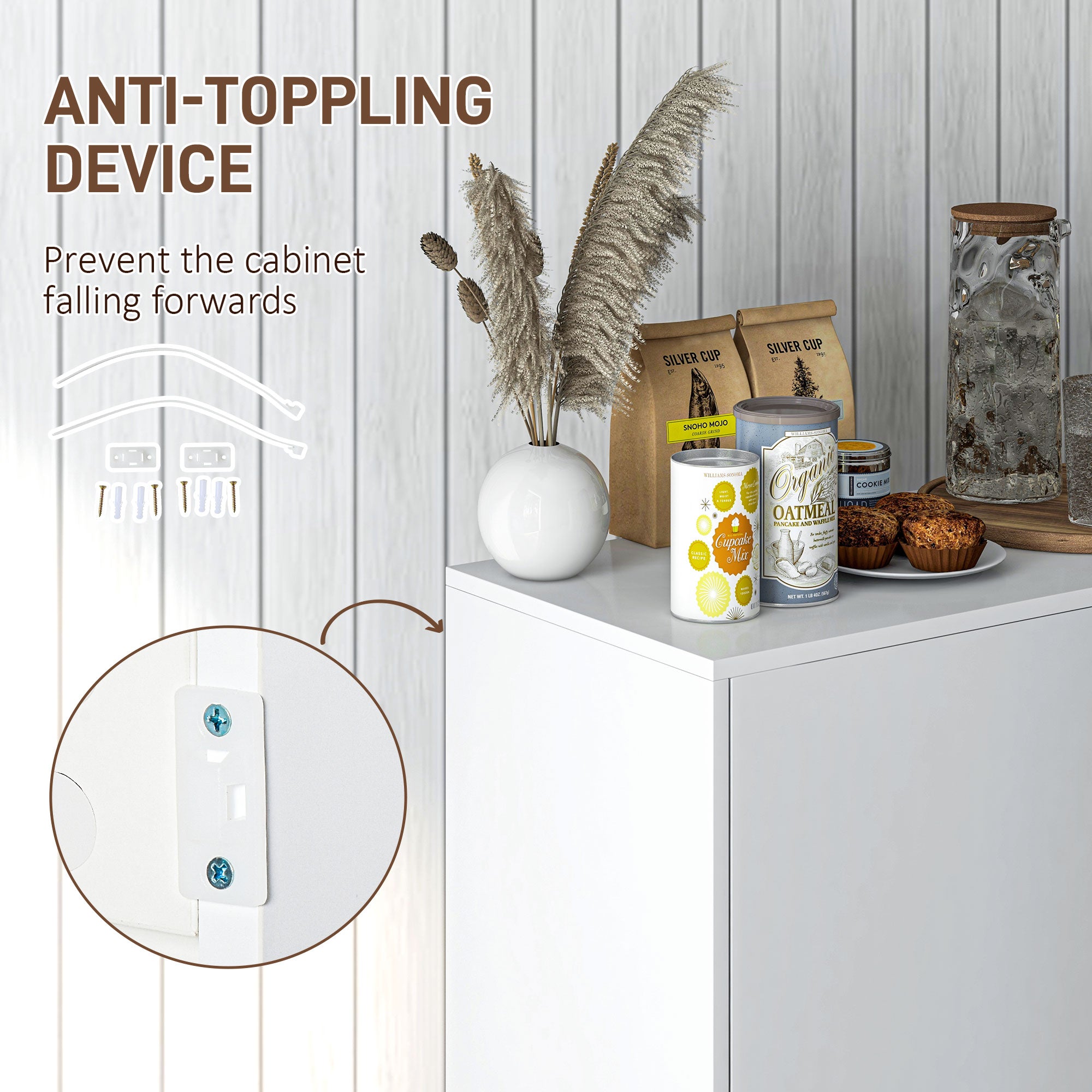 HOMCOM High Gloss Buffet Sideboard with 2 Drawers, 3 Doors and Adjustable Shelf, Kitchen Storage Cabinet with Push Open Design, White