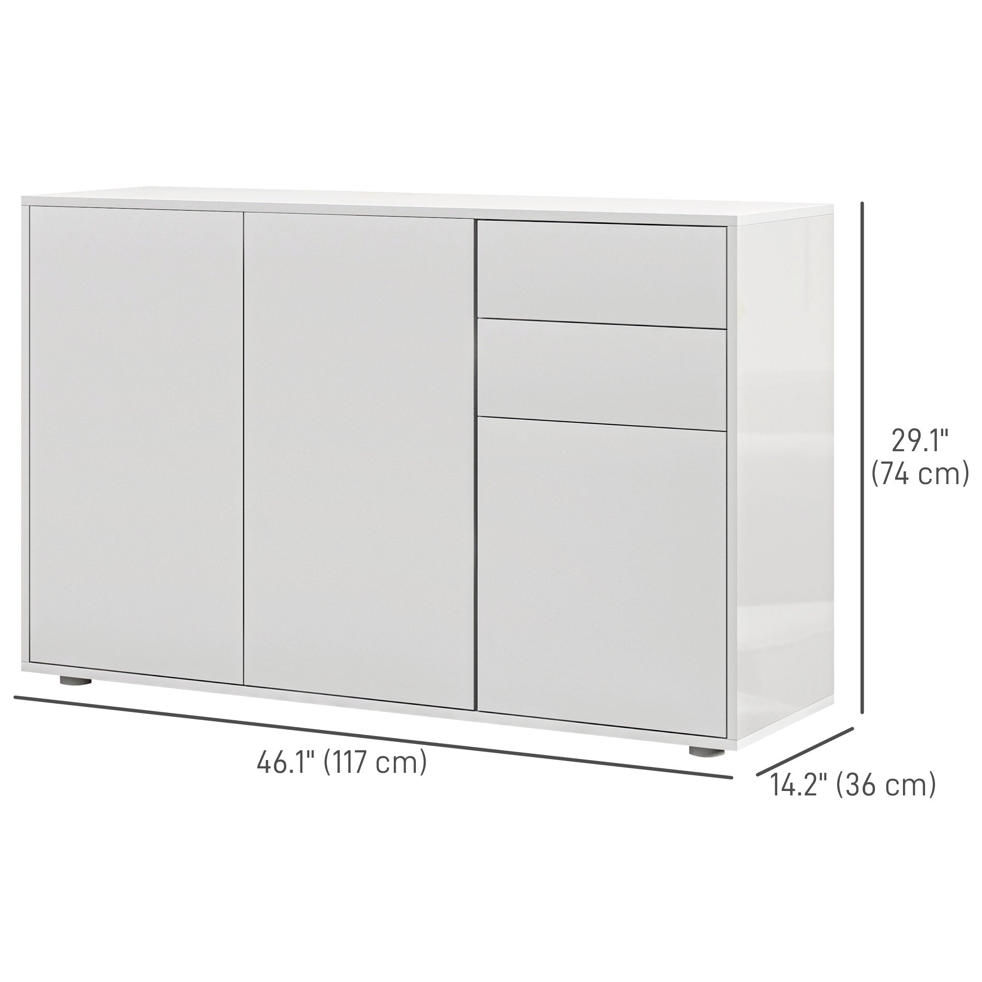 HOMCOM High Gloss Buffet Sideboard with 2 Drawers, 3 Doors and Adjustable Shelf, Kitchen Storage Cabinet with Push Open Design, White